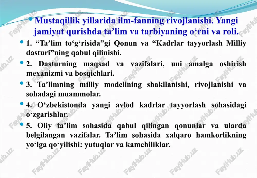ing salohiyatidan maqsadli foydalanish davlatning iqtisodiy rivojlanishini yanada jadallashtirishda muhim omildir. mamlakatimizda xorijda taʼlim olgan malakali mutaxassis va davlat xizmatchilarining ijtimoiy mavqeyini yaxshilash bo‘yicha salmoqli ishlar amalga oshirilmoqda. malakali va professional kadrlar uchun munosib mehnat sharoitini yaratish borasida qator saʼy-harakatlar olib borilyapti. hozirgi kunda davlat xizmatida yuqori malakali mutaxassislarga bo‘lgan talabni taʼminlash maqsadida inson resursi salohiyatidan unumli foydalanish zarurati tug‘ilmoqda. iqtidorli yoshlarning chet ellarda taʼlim olishini qo‘llab-quvvatlash bo‘yicha sobiq “umid” jamg‘armasi tomonidan 1997-2003 yillarda 828 nafar mutaxassisning aqsh, buyuk britaniya, germaniya, fransiya, yaponiya, kanada, italiya kabi qator xorijiy davlatlarda bilim olishlari tashkil etilib, buning uchun mablag‘ ajratildi. bu esa 363 nafar yoshning (44%) bakalavriatda, 465 nafarining (56%) esa magistratura dasturlarida tahsil olishiga imkon berdi. prezidentimiz shavkat mirziyoyevning tashabbusi va har tomonlama qo‘llab-quvvatlashi bilan 2018 yil 25 sentyabrda tashkil etilgan “el-yurt umidi” jamg‘armasi yuqorida qayd etilgan stipendiya har kim ta’lim olish huquqiga ega. davlat uzluksiz ta’lim tizimi, uning har xil turlari …