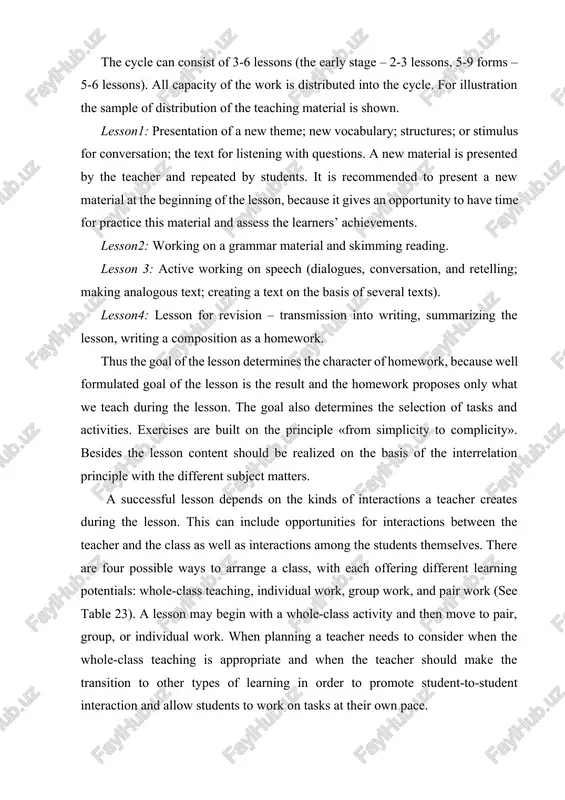 whole-class activity and then move to pair, group, or individual work. when planning a teacher needs to consider when the whole-class teaching is appropriate and when the teacher should make the transition to other types of learning in order to promote student-to-student interaction and allow students to work on tasks at their own pace. table 23. forms of interaction whole-class teaching. this mode of teaching involves teaching all the students together. arrangement of a lesson for whole-class teaching depends on the type of a lesson a teacher is teaching and on the particular stage of the lesson. wholeclass, teacher-fronted teaching can serve to focus students’ attention quickly on a learning task. when carefully carried out, it can lead to the quick and effective achievement of lesson objectives, since time management is maximally under the teacher’s control. individual work. it is necessary to point out at a lesson where students can …