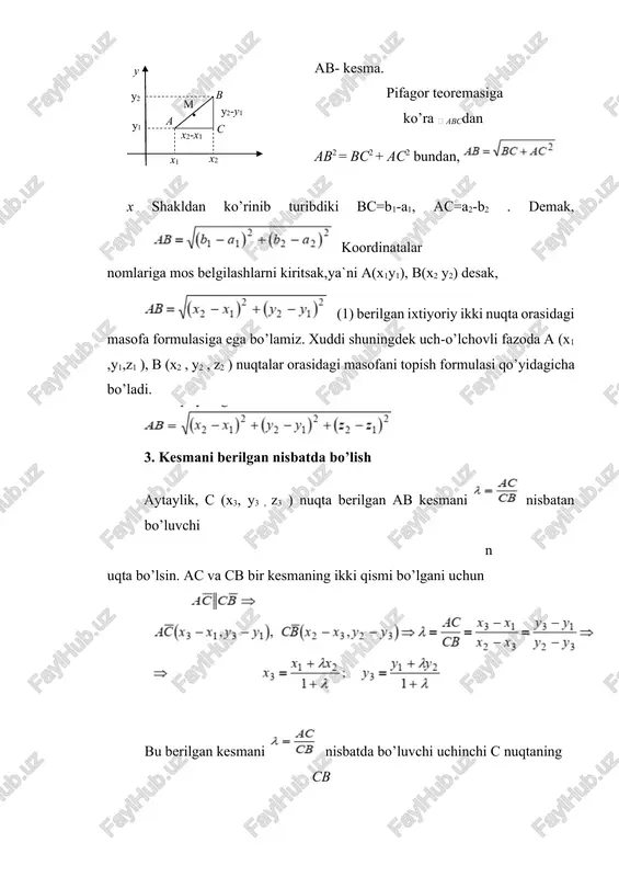 x tekislikda berilgan p(m,n)vektorning uchidan unga perpendikulyar bo’lgan bitta va faqat bitta chiziq (1) o’tkazish mumkin . vektorni yasaymiz va uning uchinchi m(m,n) nuqta bilan belgilaymiz. n(x,y) esa o’sha o’tuvchi chiziqning ixtiyoriy nuqtasi bo’lsin deymiz. shartga ko’ra demak, chiziq tenglamasi qo’yidagi ko’rinishga ega bo’lar ekan: xcosα+ysinα- p= 0 bunda α berilgan vektorning yo’naltiruvchi burchagi , p esa koordinata boshidan chiziqqa tushirilgan perpendikulyar (normal)ning uzunligi bo’lganligi uchun tenglamaning nomi to’g’ri chiziqning normal tenglamasi deb atalgan. to’g`ri chiziq umumiy tenglamasini normal shaklga keltirish. ax+ by+c =0 berilgan chiziq tenglamasi bo’lsin. normal ko’paytuvchi ni topib, tenglamani unga bo’lamiz: (12) agar x va y larning koeffitsientlarini kvadtarlarga ko’tarib qo’shsak, birga tengligi chiqadi. vi banddagi koeffitsiyentlar bilan solishtirsak, ekanligiga iqror bo’lamiz. 5. ikki to’g`ri chiziq orasidagi masofa aytaylik, ikki parallel to’g`ri chiziq normal tenglamalari bilan berilgan bo’lsin. xcosα+ ysinα- p1 = 0 xcosα+ ysinα- p2 = 0 demak, ular orasidagi masofa (13) bo’ladi. nuqtadan ax+by+c=o …