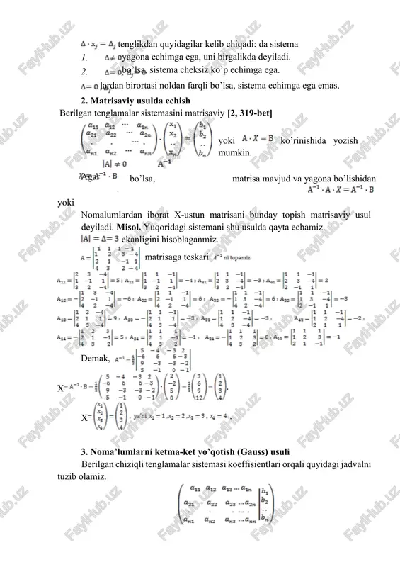 y z, , ) yechimga ega bo’lib, bo’ladi; demak, berilgan sistema yagona yyechim ega. endi determinantlarni xisoblaymiz: bo’ladi. yuqorida keltirilgan tenglamalar sistemasining yechimini topish usuli kramer usuli deyiladi. gauss usulining mohiyati noma’lumlarni ikkinchi tenglamadan boshlab, ketmaket yo’qotib oxirgi tenglamada bitta no’malum qolguncha davom ettiriladi va oxirgi tenglamadan yuqoriga qarab no’malumlarni ketma-ket topib, yechim hosil qilinadi. 2-misol. quyidagi tenglamalar sistemasi yechilsin. yechish. birinchi tenglamaning barcha xadlarini a11=2 ga bulib, sistemani xosil kilamiz. birinchi tenglamani 3ga kupaytirib ikkinchi tenglamadan, so’ngra uchinchi tenglamadan birinchi tenglamani ayiramiz: ikkinchi tenglamani 0.5 ga bulib, so’ngra uni -1.5 ga kupaytirib , uni uchinchi tenglamadan ayiramiz. natijada xosil bo’ladi. bundan ketma-ket x3=3, x2=-1+3=2, x1=0.5-0.5x2 +0.5x3 =1 larni topamiz. shunday kilib, berilgan sistemani yechimi x1=1, x2 =2, x3 =3 dan iborat ekan. adabiyotlar 1. abdalimov v., solixov sh. oliy matematika qisqa kursi.- toshkent: o`qituvchi, 1981. 2. bogomolov n.v. matematikadan amaliy mashg`ulotlar. – toshkent: o`qituvchi, 1984. 3. vigodskiy m.ya. spravochnik …
