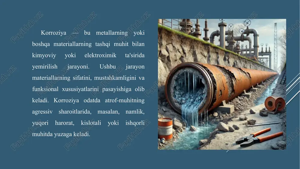 lanadi quvurlarning tashqi muhit bilan taʻsirlashish mexanizmi boʻyicha; korrozion muhit turlari va jarayonning kechish sharotlari boʻyicha; korrozion yemirilish xarakteriga koʻra korrozion muhit bilan birgalikda metallga taʻsir etuvchi boshqa qoʻshimchataʻsir turlari boʻyicha; korroziya jarayonining borish mexanizmi boʻyicha tabiatda 3-rasm. alomatlar bo’yicha korroziya tasnifi quvurlardagi korroziya turlari elektrokimyo viy korroziya atmosfera korroziyasi gaz korroziyasi gaz korroziyasi kimyoviy korroziya yer osti korroziyasi biokorroziya (atrof-muhit korroziyasi) kontaktli korroziyasi 4-rasm. quvurlardagi korroziya turlari neft va gaz quvurlarida korroziya bilan kurashish usullari2 neft va gaz quvurlarda korroziyadan himoya qilish muammosi ulardan foydalanishning deyarli boshida paydo boʻlgan. odamlar metallarni atmosfera taʻsiridan yogʻ, yogʻlar va keyinchalik boshqa metallar va eng avvalo past eriydigan qalay bilan qoplash orqali himoya qilishga harakat qilishdi. qadimgi yunon tarixchisi gerodotning (miloddan avvalgi v asr) asarlarida temirni korroziyadan himoya qilish uchun qalaydan foydalanish haqida allaqachon eslatib oʻtilgan faol (aktiv) usullar korroziya jarayonlarini bevosita boshqarish yoki to'xtatishga qaratilgan. ushbu usullar korroziya mexanizmini o'zgartirish orqali muhitning …