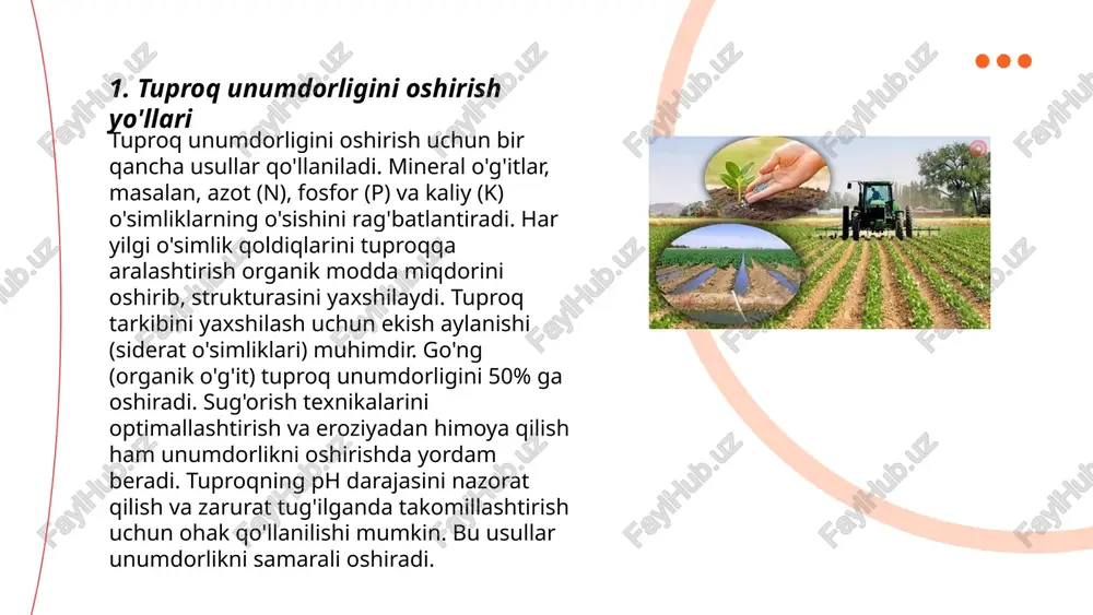 da; 2021-yilda bu segment 7 foizga o‘sdi. zamonaviy seleksiya va genetik modifikatsiya usullari esa hosilning sifat ko‘rsatkichlarini 30 foizgacha yaxshilab beradi. shu bilan birga, qishloq xo'jaligida avtomatlashtirilgan monitoring tizimlari 25 foizgacha resurslarni tejash imkoniyatini beradi. ... t.me/slaydai_bot soya va boshqa mobil ekinlar oʻzbekiston qishloq xoʻjaligidagi muhim yoʻnalishlardan biri hisoblanadi. 2022 yilda soya yetishtirish maydoni 50 ming gektarga yetgan. soya proteiniga boy boʻlib, uni oziq-ovqat va hayvonlar yemini tayyorlashda qoʻllaniladi. 2023 yilda bu koʻrsatkichni 70 ming gektarga oshirish rejalashtirilgan. mamlakatda boshqa mobil ekinlar, masalan, makkajoʻxori va kungaboqar ham yetishtirilmoqda. makkajoʻxori 2022 yilda 300 ming gektarda ekilgan boʻlib, 2023 yilda bu maydon 350 ming gektarga oshirilishi koʻzda tutilgan. ushbu ekinlar qishloq xoʻjaligida diversifikatsiyaga yordam beradi va milliy oziq-ovqat xavfsizligini taʼminlashda muhim rol oʻynaydi. ... t.me/slaydai_bot 7. tuproq sho'rlanishi muammosini bartaraf etish tuproq sho'rlanishi muammosini bartaraf etish uchun muhim choralar ko‘rilmoqda. davlatlar yiliga o'rtacha 2-3% tuproq resurslarini yo'qotishi mumkin. suvni to'g'ri boshqarish muhim …