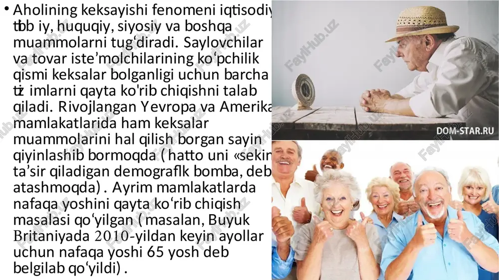 n ma’lumotlar kamayib boradi, qiziqishlar doirasi torayadi, faolligi pasayadi, qarish jarayoni tezlashadi faollik nazariyasi («yangi bandlik») jamiyatdan uzoqlashish nazariyasiga qarama-qarshidir. faollik nazariyasi keksalarni jamiyat hayotiga tortish, ular qanchalik faol bolsa, ularning hayotdan qoniqqanlik darajasi yuqori boladi, degan g'oyaga asoslanadi. uzluksiz hayot yoli konsepsiyasi qarilikni ilgarigi hayot uslubini saqlab qolish uchun kurash maydoni sifatida talqin etadi. qarilik kognitiv muammo sifatida. bu yondashuv asosida keksalarda intellektual va emotsional qobiliyatlarning pasayishi yoki yo‘qotilishi jarayoni yotadi. «foydalanmaslik» nazariyasiga ko‘ra intellektual ko‘nikmalar yetarlicha foydalanmaslik natijasida keksalarda yomonlashadi. kognitiv nazariyaning boshqa variantida keksa inson o‘zidagi o‘zgarishlarni qanday talqin qilishiga bogliqligi nazarda tutiladi. bunda uch soha asosiy rol o‘ynaydi: shaxsiy kechinmalar (sog‘liqning yomonlashuvi, jozibadorlikning kamayishi), ijtimoiy mavqe xususiyatlari (kirishimlilik, integratsiya yoki ajralib qolish), shaxsiy hayotining tugayotganligini anglash. keksayishning kompleks nazariyalari. kompleks nazariyalar keksayishning biron jihatiga urg‘u beradigan nazariyalarga qarshi chiqadi. keksayish ko‘p qirrali jarayon bo‘lib, u o‘zaro biologik, ijtimoiy va psixologik jarayonlar bilan bogliqdir. har bir insonga …
