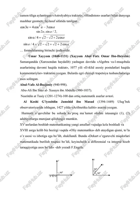 n ataladi. davrimiz (xx asr) da oliy matematika shunchalik zo’r taraqqiy etib ketdiki, u kirib bormagan fan, iqtisodiy yoki texnik soha yo’q. unda ijod qilib, yangi-yangi sohalar ochayotgan olimlar besanoq. bizning xalqimiz farzandlari ham bu ulkan fan oqimida o’z o’rinlariga ega. masalan, t.a.sarimsoqov, s.h.sirojiddinovlar dunyoga taniqli , toshkent ehtimollar nazariyasi maktabini vujudga keltirdilar. bugungi kunda biz, matematika zimmasiga tushgan barcha vazifalarga matematika tadbiq etilayotgan barcha sohalarga nazar solib, «u qanday fan ?” degan savolga yaxshigina javob olamiz. «matematika bu borliqni shakliy ko’rinishda va miqdoriy munosabatlarda o’rganuvchi fan». ha borliqning mazmunini uning shakli va miqdori belgilaydi. shakl va miqdor o’zgarishi hodisalar deb ataladi. har bir hodisada bir va bir nyecha faktor ishtirok etadi. har bir faktor o’z kattaligiga ega bo’lib, hodisa jarayonida yoki aktiv ishtirok etadi yoki shu hodisada namayon bo’ladi. aynan bir hodisada ishtirok etayotgan barcha faktorlar o’zaro bog`liqdir. ana shu bog’liklikni o’rganuvchi fan matematikadir. o’rganishni osonlashtirish uchun matematika o’z …