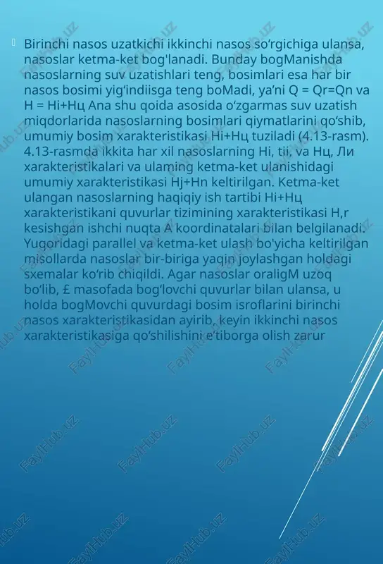 tn-nasoslar qo‘llash. nasosni ishga solishdan avval bosimli quvurdagi qulfak berkitiladi va nasos qobigmning yuqori qismiga ulangan vakkum-nasos yurgiziladi. vakuum. hosil qilish jarayonida pastki suv sathidagi va nasos ichidagi bosimlar farqi hisobiga so‘rish quvuri orqali pastki suv sathidan suv nasos qobig‘igacha ko‘tariladi. vakuum-nasosdan havo o‘miga suv chiqishi asosiy nasosni suvga tomganligidan dalolat beradi. shundan so‘ng asosiy nasos isiiga solinib, vakkum-nasos to‘xtatiladi. bu usul ancha sodda, lekin so‘rish tizimining to‘la germetikli, ya’ni zichlangan bomishi va havo kirishiga yo‘l qo‘ymasiik ta’minlanishi zarur.  ko‘p hollarda olinayotgan neftlarni oddiy sharoitdagi qovushqoqligi yuqori bo‘lishi yoki tarkibida parafin miqdori ko‘p bo‘lishi, ularning ma’lum yuqori haroratda qotishini sodir etadi. bunday neftlarni oddiy sharoitda quvurlar orqali haydashda qiyinchiliklar yuzaga keladi. ularning oquvchanligini oshirish quyidagi usullar yordamida amalga oshiriladi: – yuqori qovushqoqli va yuqori haroratda qotuvchan neft va neft mahsulotlarini, kam qovushqoqli neft yoki neft mahsulotlari bilan aralashtirib, birgalikda haydash; – suv bilan aralashtirib birga haydash (gidrotransport); – yuqori …