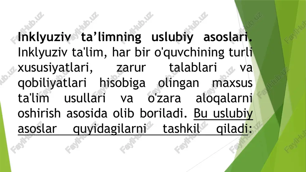 yanada samarali va o'zlashtirishni maqsad qiladi. aksiologik yondashuv qadr-qimmat qilish, qadr-qimmat baxsh etish va o'quvchilarning qadrlanishiga e'tibor qaratadi. har bir o'quvchi o'z xususiyatlari, ko'nikmalari va yaratilganligi bilan qadrlanishi, uning o'zlashtirish va o'rganish jarayonida muhim rol o'ynaydi. antropologik yondashuv, har bir o'quvchini o'z individualligini qadrlashda muhimdir. bu yondashuv, o'quvchilarning ijtimoiy, psixologik va jismoniy xususiyatlarini hisobga oladi va ularni o'zlashtirishlariga qo'llanadi. sinergetik yondashuv, qo'llanma va faoliyatning umumiy natijalarini oshirish uchun turli qismatlarining tashkil etilganligini hisobga oladi. bu, o'quvchilarning bir-biriga ko'rsatilgan ta'siriga e'tibor qilib, jamoat va oila bilan hamkorlik qilish orqali ularga yaxshi ta'lim bermoqda muhimdir. shaxsga yo'naltirilgan yondashuv, har bir o'quvchining o'z individual xususiyatlariga e'tibor qilish, uning o'zlashtirish yo'nalishlarini aniqlash va ta'minlash orqali inklyuziv ta'limning maqsadlariga xizmat qiladi. faoliyatga asoslangan yondashuv, o'quvchilarni amaliy faoliyatlar orqali o'rganishni ta'minlash, ularni o'zlashtirish va o'rganish jarayonida ishlab chiqarish va ko'nikmalarini rivojlantirish uchun faol qatnashishga ega bo'ladi. kompetentsiyaga asoslangan yondashuv, o'quvchilarni xususiy bilim va ko'nikmalarga ega qilishga, …