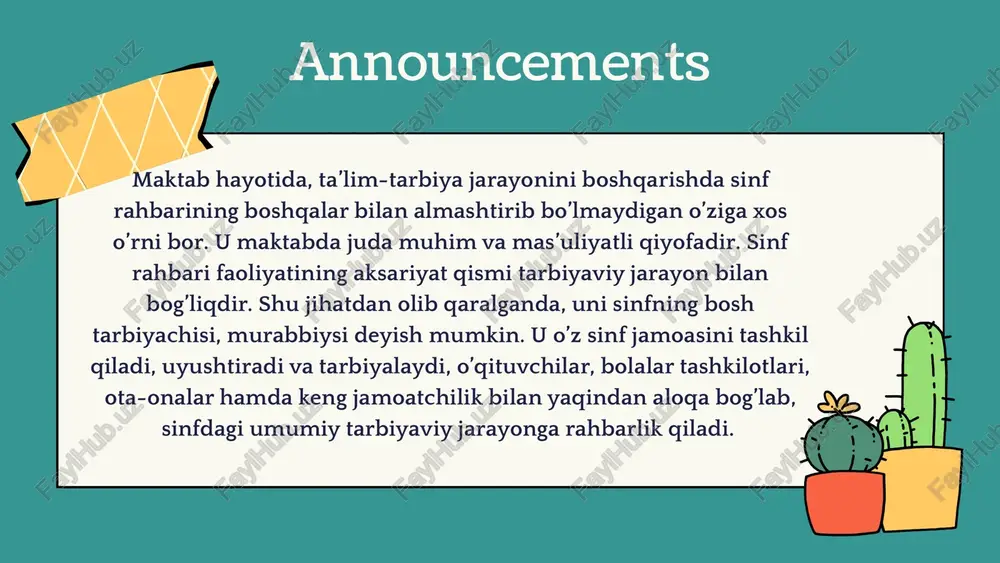 muayyan maqsad yoʻlida har tomonlama voyaga yetishi uchun ijtimoiy ong va xulq-atvorni tarkib toptirishga yoʻnaltirilgan faoliyat boʻlib, insonning jamiyatda muayyan sifatlarini (jismoniy, ma’naviy, ruhiy, aqliy) ta’minlash yoʻlida koʻriladigan chora-tadbirlar yigʻindisi. tarbiya tarbiya jarayoni – har bir insonning hayot uchun yashashi jarayonida orttirgan saboqlari va intellektual salohiyatini oʻzida shakllantirish hamda oʻzgalarga berish jaryonidir. tarbiya jarayoni tarbiya maqsadi tarbiya maqsadi – talaba-yoshlarda milliy gʻoya va milliy mafkurani shakllantirishda ilmiy pedagogik tadqiqot metodlari qoʻllaniladi. tarbiya maqsadining aniqligi – oʻzbekiston respublikasining «ta’lim toʻgʻrisida» gi qonunining gʻoyalarini e’tiborga olgan holda erkin, ijodkor, mustaqil fikr egasi boʻlgan barkamol insonni tarbiyalab voyaga yetkazishdan iboratdir. ushbu maqsadga erishish yoʻlidagi asosiy vosita bu shaxsda umumiy madaniyatni tarkib toptirishdir, ya’ni, shaxsning aqliy, ahloqiy, jismoniy, estetik, iqtisodiy, ekologik, huquqiy, mafkuraviy hamda mehnat madaniyatini shakllantirish kabi tarbiyaning bosh maqsadini amalga oshirish imkoniyatini yaratishdan iboratdir. tarbiya maqsadining aniqligi tarbiyada demokratik va insonparvarlik gʻoyalarining ustunligi tarbiyada demokratik va insonparvarlik gʻoyalarining ustunligi – tarbiyada inson …
