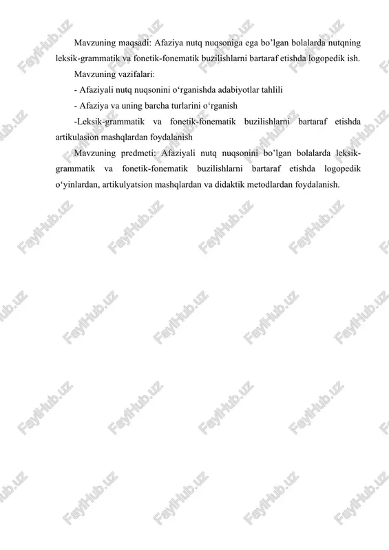 dagi o'smalar yoki miya infeksion kasalliklari oqibatida yuzaga keladi. afaziya miya jarohatlarining og‘ir asoratlaridan biri bo‘lib, bunda nutq faoliyatining barcha turlari sistemali buzilgan bo‘ladi. afaziyada nutq buzilishlarining murakkabligi, buzilgan joyning lokalizatsiyasiga (masalan, bosh miyaning po‘stloq osti bo‘limlariga qon quyilishida, jarohatlanish o'chog'ining joylashuviga qarab nutqning spontan tiklanishiga umid bog‘lash mumkin), jarohat o‘chog‘ining o'lchamiga, chapaqaylikda nutqiy faoliyat elementlarini funksional saqlanib qolgan xususiyatlariga bog'liq. kasalning nutqiy nuqsonga bo'lgan reaksiyasi ham bu borada ma’lum darajada ahamiyatlidir. afaziyada nutq faoliyatining barcha turlari turli darajada sistemali buzilgan bo'ladi (og'zaki nutq, nutqxotirasi, fonematik eshituv, nutqni tushunish, yozma nutq, o'qish, hisob va h .k .). shu tufayli nutqiy buzilishning mohiyatini tushunish uchun neyrofizologiya,neyropsixologiya va neyrolingvistika sohalaridagi bilimlar muhim ahamiyat kasb etadi. nutq zonalari zararlanganda, mos keluvchi analizator tizimining maxsus, o‘ziga xos faoliyatini amalga oshiruvchi dastlabki belgilar buzilishi kuzatiladi .birlamchi analizator buzilishi asosida ikkilamchi buzilish, shuningdek, maxsus, tilni barcha funksional tizimining bo’linishi yuzaga keladi, ya’ni barcha nutqiy faoliyat ko‘rinishlarida …
