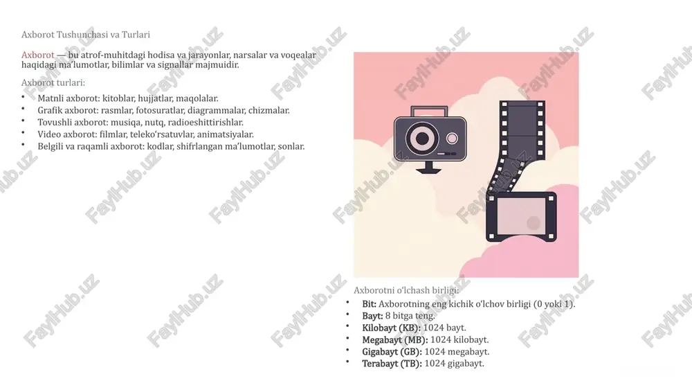 ari va veb-servislar yaratishda mashhur. 7 informatikaning jamiyatdagi o‘rni bugungi kunda axborotlashgan jamiyatda informatika nafaqat kundalik hayotning ajralmas qismiga aylandi, balki ishlab chiqarish, iqtisodiyot va boshqaruvda ham muhim rol o‘ynamoqda. ta’lim masofaviy ta’lim, elektron darsliklar, interaktiv o‘qitish usullari. sog‘liqni saqlash elektron tibbiyot kartalari, diagnostika uskunalarini boshqarish, telemeditsina. sanoat avtomatlashtirilgan ishlab chiqarish, robototexnika, "aqlli zavodlar". boshqaruv "elektron hukumat", ma’lumotlar bazalarini boshqarish, davlat xizmatlari. o‘zbekiston respublikasi ham informatizatsiyalash strategiyalarini faol amalga oshirib, raqamli iqtisodiyotni rivojlantirishga katta e’tibor qaratmoqda. 8 mashhur o‘zbekistonlik allomalar va informatika tarixi o‘zbekistonda informatika fanining rivojlanishiga bir qator atoqli olimlar katta hissa qo‘shgan. jumladan: akademik f.b. abutaliev — hisoblash matematikasi va kibernetika sohasida fundamental tadqiqotlari bilan tanilgan. professor yu.k. axatov — informatika ta’limini rivojlantirishga salmoqli hissa qo‘shgan. muhammad al-xorazmiy nomidagi toshkent axborot texnologiyalari universiteti (tatu) respublikada axborot texnologiyalari bo‘yicha yuqori malakali mutaxassislar tayyorlashning markaziy maskani hisoblanadi. o‘zbekiston informatika sohasida xalqaro miqyosda o‘z mavqeini mustahkamlab, zamonaviy texnologiyalarni joriy etishda faol …
