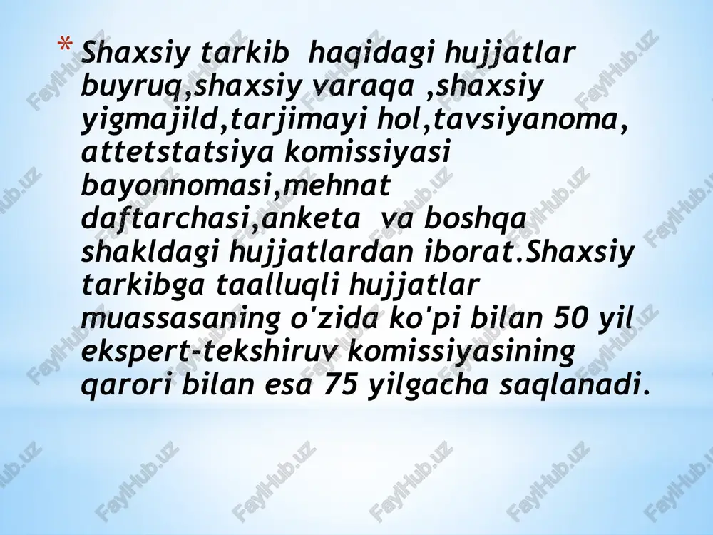 on to’grisida ma’lumotni taqdim etadi, ya’ni uning ismi, ma’lumot darajasi, ish tajribasi, qiziqishlari va hokazo. etiboringiz uchun rahmat! image1.jpeg image2.jpeg image3.jpeg image4.jpeg image5.jpeg image6.jpeg image7.jpeg image8.jpeg image9.jpeg image10.jpeg