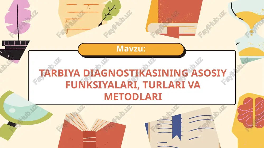 rini, munosabatini, hayotiy qadriyatlarini o‘rganishda qo‘llaniladi. test metodlari esa shaxsning tarbiyaviy sifatlarini (mas’uliyat, empatiya, ijtimoiy faollik, o‘z-o‘zini baholash) aniqlash uchun ishlatiladi. har ikki metod o‘quvchining ichki dunyosini chuqurroq tushunishga yordam beradi. 08 tarbiya diagnostikasining ahamiyati tarbiya diagnostikasi ta’lim-tarbiya jarayonini ilmiy asosda tashkil etishning muhim vositasidir. u o‘qituvchi va tarbiyachiga: har bir o‘quvchining o‘ziga xos xususiyatlarini bilish, tarbiyadagi kamchiliklarni aniqlash, to‘g‘ri pedagogik yondashuvni tanlash, tarbiya natijalarini ilmiy tahlil qilish imkonini beradi. natijada, tarbiya jarayoni individual, samarali va maqsadga yo‘naltirilgan bo‘ladi. tarbiya diagnostikasi — bu tarbiyaviy faoliyatning sifatini oshirishga xizmat qiluvchi ilmiy asosdir. uning yordamida pedagog o‘quvchini to‘g‘ri yo‘naltira oladi, kamchiliklarni aniqlab, korreksiya choralarini ko‘radi. tarbiya diagnostikasi — o‘qituvchining “ko‘zi va qulog‘i”dir. xulosa: 09 foydalanilgan adabiyotlar: 10 1. g‘. xoshimov. pedagogik diagnostika asoslari. – toshkent, 2016. 2. s. hasanov. korreksiya va diagnostika fanidan ma’ruzalar to‘plami. – toshkent, 2020. 3. o‘zbekiston respublikasi “ta’lim to‘g‘risida”gi qonuni. 4. m. jo‘raev. pedagogik texnologiyalar va ta’limda diagnostika. …