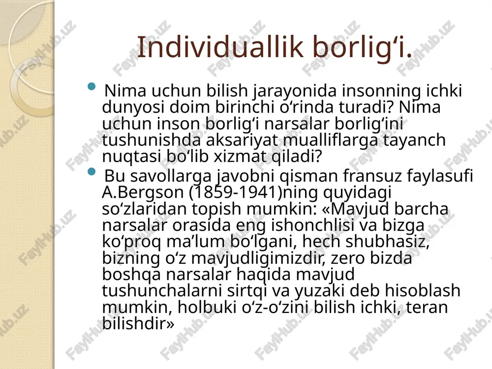 i”. o‘z-o‘zingni angla va shu orqali dunyoni anglaysan. dunyoni insonning teran qatlamlariga kirmasdan sirtdan bilishga bo‘lgan barcha urinishlar narsalar haqida faqat yuzaki tasavvur hosil qilish imkonini beradi. insondan sirtga qarab yuradigan bo‘lsak, narsalar mohiyatini hech anglay olmaymiz, zero bu mohiyat insonning o‘zida mujassamlashgan. qadimgi davr falsafasidagi inson haqidagi qarashlar: antik davrda delfidagi apollon ibodatxonasiga kiraverishda ustunga o‘yib yozilgan, rivoyatlarga qaraganda suqrot takrorlashni yaxshi ko‘rgan «o‘z-o‘zingni angla», degan ibora ayniqsa mashhur bo‘lgan. qadimgi xitoy faylasufi lao szi fikriga ko‘ra, «boshqalarni biluvchi – oqil, o‘zini biluvchi – donishmanddir». protagorning: «inson barcha narsalar mezonidir», degan fikri ham juda mashhur. «tangri saltanati bizning ichimizdadir», deb o‘rgatgan iso masih. buddaviylarning: «o‘zligingga nazar tashla, sen buddasan», degan. o’rta asrlar falsafasida inson muammosi: sharq mutafakkiri a.beruniy jahon fanida birinchi marta inson va tabiat, odam va olam o‘rtasidagi munosabatlarni dunyoviy fan nuqtai nazaridan o‘rganadi. ibn sino, “inson boshqa barcha hayvonot olamidan so‘zi, tili va aqli, tafakkur qilishi bilan …