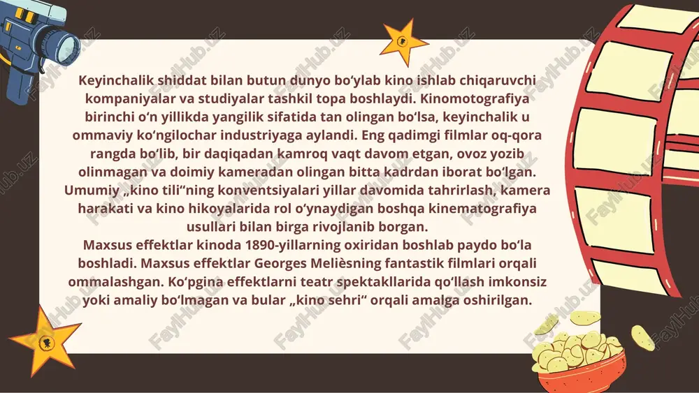 g sinematografi sabab yuz bergan. 28 dekabr kuni kishilar o‘zlari uchun yangi bo‘lgan bu so‘z nimani anglatishini tushunishdi. kaputsinlar bulvaridagi 14-raqamli uyda joylashgan “grand- kafe”da kishilar yig‘ilishdi. kirish narxi - 1 frank. o‘sha kecha aka-uka lyumerlar atigi 35 foiz tomoshabinni yig‘ishga muvaffaq bo‘lishdi. item 1 item 2 item 3 0 5 10 15 20 „oʻzbekfilm“ — eng eski va eng katta badiiy filmlar ishlab chiqaruvchi oʻzbek kinostudiyasi. studiyaga 1925-yil asos solingan. uning ilk nomi „sharq yulduzi“ boʻlgan. 1936-yil „oʻzbekfilm“ deb nomlangan. ikkinchi jahon urushi yillarida studiya „toshkent kino studiyasi“ deb nomlangan. 1958-yil nomi yana qaytadan „oʻzbekfilm“ deb oʻzgartirilgan. kino studiya shu kungacha 400 dan ortiq toʻla metrajli va 100 dan oshiq multiplikatsiya qilingan film chiqargan. „oʻzbekfilm“ kinostudiyasi ishlab chiqargan mashhur filmlar qatoriga „maftuningman“ (1958) va „mahallada duv-duv gap“ (1960) filmlarini kiritish mumkin. 1940-yillar urushdan keyingi yillar ekranga oʻzbek xalqi madaniyatining yutugʻi boʻlgan mumtoz „tohir va zuhra“ (1945), „nasriddinning sarguzashtlari“ (1946, …