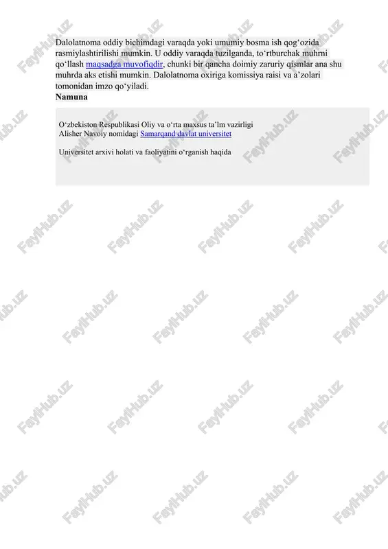 , unga guvohlik berish maqsadida bir necha kishi tomonidan tuziladi. bunday dalolatnomalar deyarli barcha hollarda pul mablag’lari va moddiy boyliklarga bog’liq bo’ladi, binobarin ular ko’proq tadbirkorlik, moliya-xo’jalik faoliyatida, hisob-kitob, oldi-sotdi va savdo sohalarida keng qo’llanadi. ular tegishli taftish o’tkazilgandan keyin, rahbarlik almashinayotganda, moddiy boyliklarni bir xususiy yoki yuridik shaxsdan ikkinchisiga o’tkazishda, qurib tug’allangan inshootlarni qabul qilishdan oldin va keyin, mashina va uskunalarning yangi nusxalarini sinovdan o’tkazish chog’ida, qimmatdor buyumlarni hisobdan o’tkazish yoki hisobdan chiqarishda, tovarlarni miqdor va sifat bo’yicha qabul qilib olishda, baxtsiz hodisalar yoki tabiiy ofatlar oqibatlarini tekshirishda, sud-tergov ishlari va tibbiyot sohasida, xodimlarning moddiy, yashash sharoitlarini o’rganishda va boshqa hollarda tuziladi. idora, muassasa va tarkibiy bo‘linma nomi. tuzilgan sanasi va joyi. tartib raqami va tasdiq belgisi. matn sarlavhasi. hujjat turi nomi (dalolatnoma). hujjatni tuzish uchun asos (muassasa rahbarining buyrug‘i, idoraning qarori yoki ko‘rsatmasi kabilar). komissiya tarkibi (rais va a’zolar). ishtirok etuvchilar (guvohlar). dalolatnoma matni. ilovalar (har bir ilovaning …