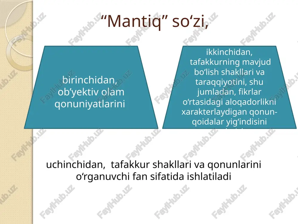 arni, ya’ni mantiqiy xulosa chiqarish usullarini bilib olish zarur, deydi. ibn sinoning «ishorat va tanbyehot», «an-najot», «donishnoma» asarlarida ham falsafa va mantiqka oid masalalar bayon etiladi. mutafakkir mantiq ilmini barcha ilmlarning muqaddimasi, ularni egallashning zarur sharti sifatida talqin etadi. /docprops/thumbnail.jpeg