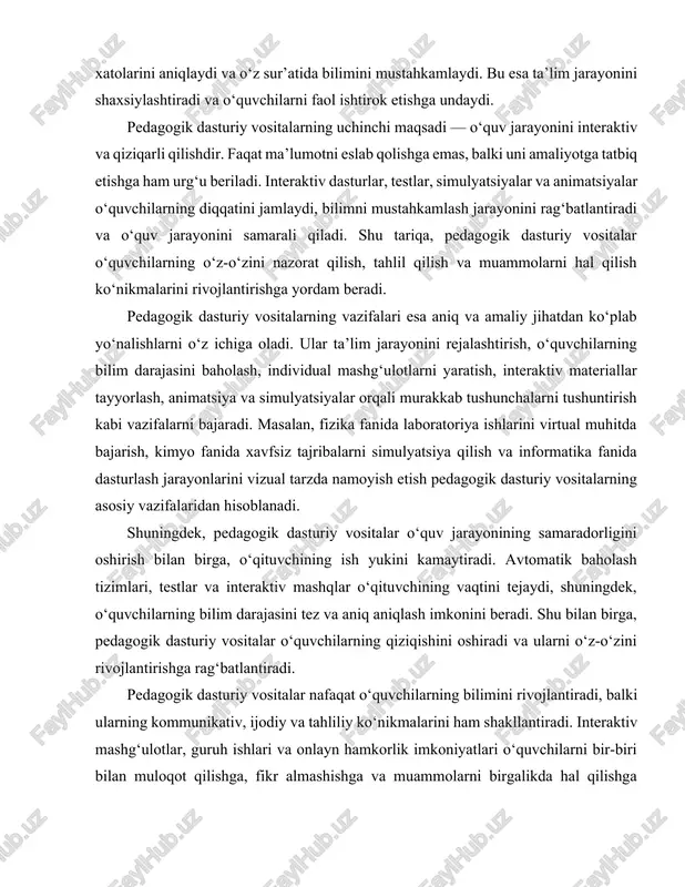 z va aniq aniqlash imkonini beradi. shu bilan birga, pedagogik dasturiy vositalar o‘quvchilarning qiziqishini oshiradi va ularni o‘z-o‘zini rivojlantirishga rag‘batlantiradi. pedagogik dasturiy vositalar nafaqat o‘quvchilarning bilimini rivojlantiradi, balki ularning kommunikativ, ijodiy va tahliliy ko‘nikmalarini ham shakllantiradi. interaktiv mashg‘ulotlar, guruh ishlari va onlayn hamkorlik imkoniyatlari o‘quvchilarni bir-biri bilan muloqot qilishga, fikr almashishga va muammolarni birgalikda hal qilishga undaydi. shu tariqa, pedagogik dasturiy vositalar ta’lim jarayonini nafaqat samarali, balki ijtimoiy va pedagogik jihatdan boyitadi. pedagogik dasturiy vositalarning yana bir muhim jihati — bu ularning rivojlanish istiqbollari. zamonaviy texnologiyalar, sun’iy intellekt, virtual va aralash haqiqat, bulutli texnologiyalar pedagogik dasturiy vositalarni yanada interaktiv va individualizatsiyalangan qiladi. shu bilan birga, mobil ilovalar va onlayn platformalar yordamida o‘quvchilar va o‘qituvchilar o‘zaro hamkorlik qiladi, bilim almashadi va ta’lim jarayonini yanada qulay va samarali qiladi. pedagogik dasturiy vositalar tushunchasi, maqsadi va vazifalari zamonaviy ta’lim tizimining ajralmas qismi sifatida nafaqat o‘quv jarayonini optimallashtiradi, balki o‘quvchilarning bilim, ko‘nikma va malakalarini …