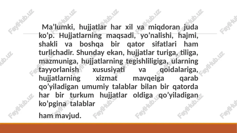 ga. zaruriy qismlarining to'liq ro'yxati quyidagicha: 1. o'zbekiston respublikasi davlat gerbi. 2. tashkilot yoki korxonaning ramziy belgisi (emblemasi). 3. mukofot tasviri. 4. vazirlik yoki yuqori idoraning nomi. 5. muassasa, tashkilot yoki korxonaning nomi. 6. tarkibiy tarmoqning nomi. 7. aloqa muassasasining shartli raqami (indeksi), tashkilot yoki korxona manzili, telefon raqami, faks raqami, elektron pochta manzili, rasmiy vebsayti, bankdagi hisobraqami. 8. matn sarlavhasi. 9. sana. 10. shartli raqam. 11. keladigan hujjatlarning sanasi va shartli raqamiga havola. 12. tuzilgan yoki nashr qilingan joyi. 13. hujjatni oluvchi (adresat). 14. tasdiqlash ustxati. 15. munosabat belgisi (rezolyutsiya). 16. hujjat turining nomi. 17. nazorat haqida qayd. 18. matn 19. ilova mavjudligi haqidagi qayd. 20. imzo yoki elektron raqamli imzo. 21. kelishuv ustxati. 22. rozilik belgisi (viza). 23. muhr. 24. nusxaning tasdiqlanishi haqidagi qayd. 25. ijrochining familiyasi va telefon raqami. 26. hujjatning bajarilganligi va uni hujjatlar yig'majildiga yo'naltirilganligi haqidagi qayd. 27. kompyuterga ko'chirilganligi haqidagi qayd. 28. hujjat kelib …
