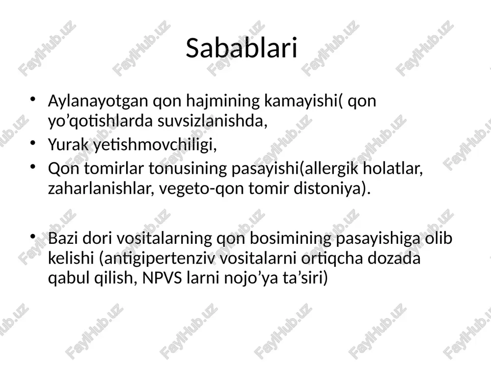 itoring talab qilinadi: ekg, pulsoksimetriya, noinvaziv aqb. qon aylanishini yaxshilash volemik yo’l bilan va kerak bo’lganda vazopressor;ar, inotrop dorilar yordamida amalga oshiriladi. boshlang’ich bolyus 20.0ml/kg fiz rastvor yoki ringer tomir ichiga tomchilab dofamin yoki dobutamin 5-20mkg/kg/min, yoki noradrenalin 0.05mkg/kg/min anafilaktik shok va unda yordam ko’rsatish anafilaktik shock- anafilaksiya - to'satdan boshlangan umumiy immunologik holat bo'lib, u begona moddalar ta'siridan keyin rivojlanadi. mexanizm: • immunoglobulin e (ige) vositachiligida bemor ilgari ta'sir qilgan begona oqsilga (cho'chqalar, oziq-ovqatlar, streptokinaza) yoki oqsil-gapten konyugatiga (antibiotik) reaktsiyasini boshlashidir • komplement vositasida bo’lishi mumkin (inson oqsillari, masalan, g-globulin, qon mahsulotlari). • noma’lum sababga ko’ra bo'lishi mumkin. (aspirin, "idiopatik"). mexanizmdan qat'i nazar, mast hujayralari va bazofillar mediatorlarni (masalan, gistamin, prostaglandinlar, tromboksanlar, trombotsitlarni faollashtiruvchi omillar, leykotrienlar) chiqaradi va klinik belgilarni keltirib chiqaradi keltirib chiqaradi. angiotensin-konvertatsiya qiluvchi ferment (ace) ingibitorlari va irsiy angioedema anafilaktik shokga o'xshash tarzda namoyon bo'lishi mumkin. umumiy sabablar: 1) dorilar va vaksionalar (antibiotic , streptokinaza , …