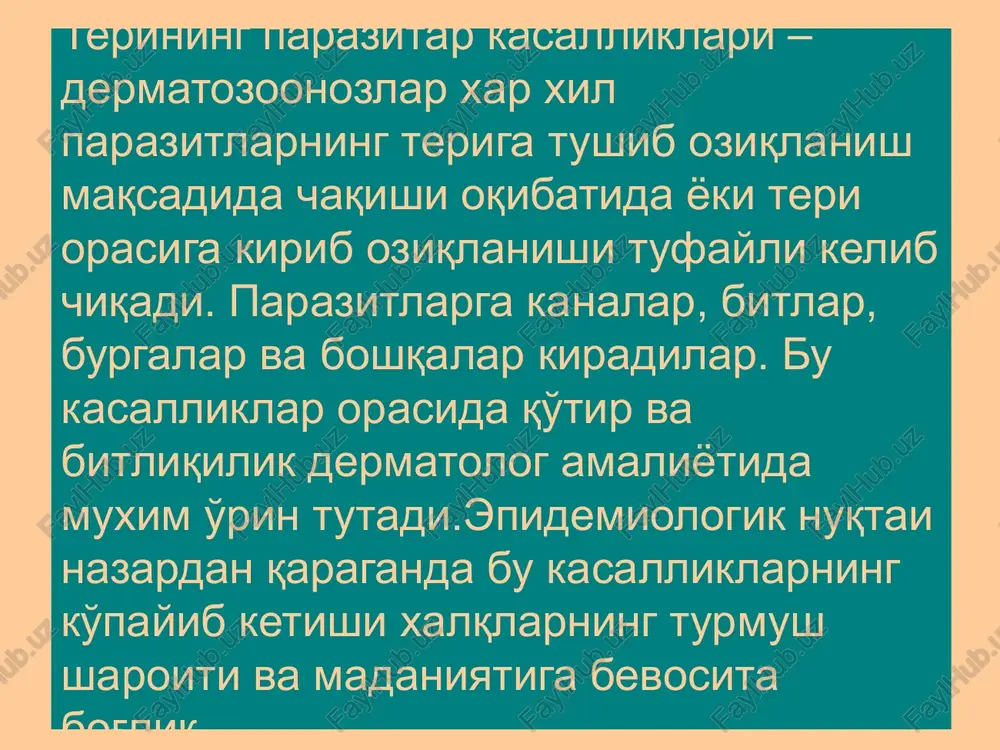 aziya) 7-10% bemorlarda kuzatiladi. diametri 5-20mm bo'lgan, yuzasi silliq, pushti, qizil,sarg'imtir-qo'ng'ir yo1ki jigarrang papulalar paydo bo'ladilar, ular juda kuchli qichishish bilan kechadilar. norvegiya qo'tiri- ruxiy xasta bemorlarda uchraydi, shuningdek immunodefitsitga uchragan bemorlarda, biror soxasida sezuvchanlik buzilgan (masalan siringomieliya, moxov) bemorlarda kuzatiladi. kasallik o'chog'i yoppasiga qaloq-tangachalar bilan qoplangan, u juda qalinligi tufayli zirxni (pantsirni) eslatadi. uni olib tashlansa, uning ostida terini qoplab turgan qo'tir kanalarini ko'rish mumkin. klinikasi qo'tir kasalligining tipik lokalizatsiyasi klinikasi qo'tir yo'li klinikasi qo'tir, qo'tir yo'li klinikasi qo'tir, qo'tir yo'li klinikasi qo'tir, vezikulez toshma klinikasi qo'tir, gorchakov-ardi simptomi klinikasi qo'tir, qorin soxasidagi toshmalar klinikasi psoriaz bilan og'rigan bemorda qo'tir klinikasi deverji kasalligi bilan og'rigan bemorda qo'tir klinikasi qo'tir (tovon soxasida elementlar) klinikasi qo'tir, tipik soxalardagi toshmalar klinikasi qo'tir,qo'tir yo'llari klinikasi psoriaz bilan og'rigan bemorda qo'tir klinikasi qo'tir limfoplaziyasi davolash qo'tirni maxalliy davolash uchun quyidagi antiparazitar dori moddalaridan foydalaniladi: oltingugurt mazi-katta yoshli odamlarda 33%li maz, bolalarda esa yoshiga qarab …
