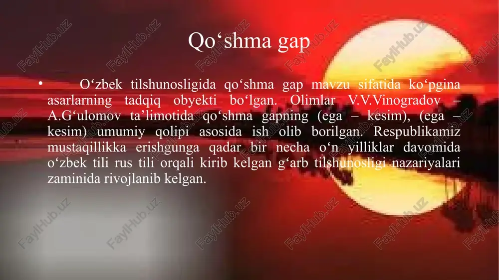 rtim shudir, yoʻq boshqa orzu...(a.oʻktam) bu kabi gaplarda mazmuniy va intonasion yaxlitlik kuchayadi. qoʻshma gap tarkibiy qismini bogʻlayotgan bogʻlovchi vositadagi modal ma’no ham ana shu hosila modal ma’noga qorishadi. 1. bogʻlovchilar: a) teng bogʻlovchilar; b) ergashtiruvchi bogʻlovchilar. 2. bogʻlovchi vazifasidagi vositalar: a) koʻmakchi qurilmalar; b) nisbiy soʻzlar; v) “boʻlsa, esa, deb” soʻzlari; g) yuklamalar; d) shart mayli va boshqalar. 1. ergash gapli qoʻshma gaplarda tobe komponent hokim komponent – bosh gapga quyidagi sintaksik vositalar yordamidabirikadi: 1. -ki bogʻlovchisi – bu bogʻlovchi ergash gapli qoʻshma gap tarkibida ancha keng faol qoʻllanib, hozirgi zamon oʻzbek adabiy tilida mavjud boʻlgan, deyarli, hamma ergash gap turini bosh gapga bogʻlash uchun xizmat qiladi: shuni unitmaginki, kitob kishining doʻstidir. yana aytki, bu xalq sira oʻlmaydi. (h.olimjon) «-ki» bogʻlovchisida sodda gaplarda ham ishlatiladi. uning sodda gapdagi vazifasi uni koʻproq yuklamaga yaqinlashtiradi. «-ki» bogʻlovchisi ikki oʻrinda: a) ergash gap kesimi tarkibida: onang borki, baxting barqaror. b) bosh gap …