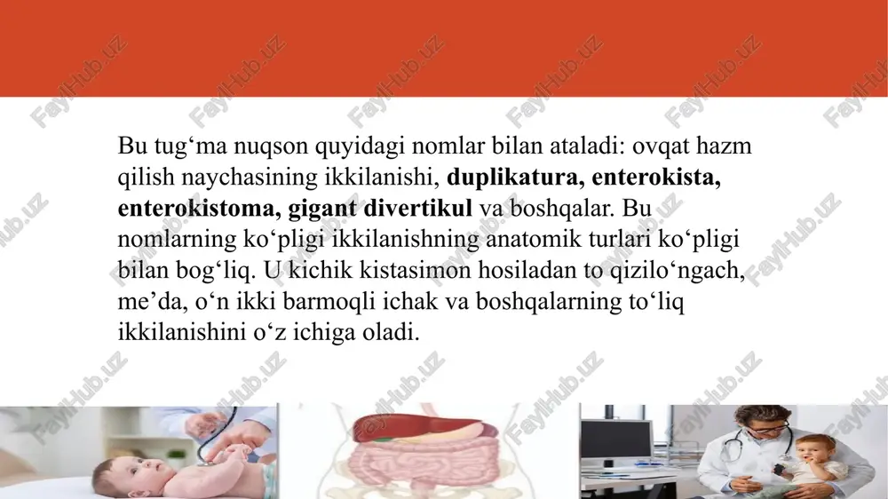 zi, devori bilan shilliq qavatini qisman olib tashlash, ba’zan manipulizatsiya qilish va h.k. ko‘krak qafasiga kiruvchi ichak divertikullarida xirurgik muolaja ko‘pincha, bosqichda bajariladi: avval torakotomiya qilib divertikul olib tashlanadi va qolgan qismni ikki qator chok bilan tikiladi, so‘ngra 1—1,5 haftadan keyin laparotomiya qilinib, qolgan divertikul rezeksiya qilinadi. ‹#› e’tiboringiz uchun rahmat! foydalanilgan manba: e.e.qobilov, f.s.raupov ”bolalar xirurgik kasalliklari” ‹#› image1.png image2.png image3.png image4.png image5.png image6.png