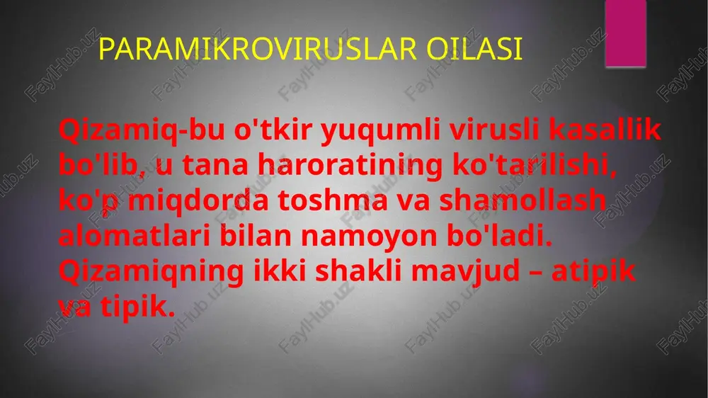 surtma. grippni davolash harorat tushiruvchi dorilar; virusga qarshi dorilar; tomirlarni toraytiruvchi dorilar; balg`am ajratuvchi va yo'talga qarshi dorilar; multivitaminlar; o'simlik damlamasi va qaynatmalari bilan ingalyatsiya muolajasi; immunitetni ko`taruvchi dorilar; antigistamin dorilar. profilaktika grippga qarshi mavsumiy emlanish (mushak ichiga yuboriladigan inyeksiya yoki tomchi dori shaklida bo`ladi); maxsus dori vositalari bilan immunitetni mustahkamlash; vitamin c ichish; gripp avj olgan paytlarda odamlar ko`p to`planadigan joylarga bormaslik; uylarni doimiy ravishda shamollatib turish; bemor bilan bog‘lanish zarurati tug‘ilsa, himoya niqobini taqish. xavfli jihatlari zotiljam; bronxit; bronxiolit; eshitish qobiliyatining buzilishi; burun shilliq qavatining atrofiyasi; reye sindromi; meningit; ensefalit. etiboringiz uchun raxmat.!!! image6.jpeg image1.jpeg image2.png image3.png image4.png image5.png
