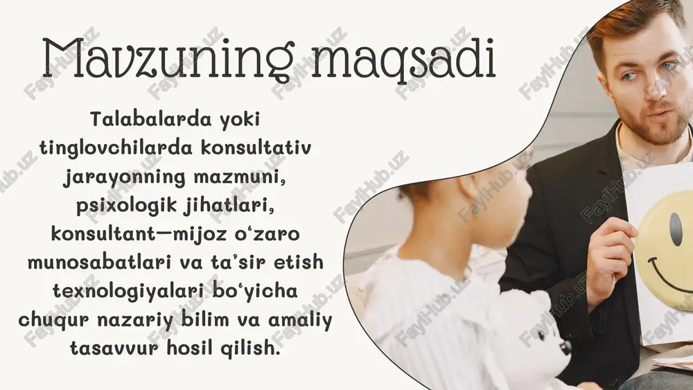 , rezistensiyani aniqlash va yengish, shuningdek transfer va kontrtransferni boshqarish konsultantdan yuqori refleksiya va kompetensiyani talab qiladi. konsultativ ta’sir etish texnologiyalari esa diagnostika, maqsad belgilash, intervensiya va monitoringdan iborat bo‘lgan ilmiy asoslangan mexanizmlardir. ushbu yondashuvlar mijozning muammosini chuqur tushunishga, uning ichki resurslarini faollashtirishga va barqaror o‘zgarishlarga erishishga yordam beradi. demak, samarali konsultatsiya — bu psixologik bilim, etik me'yorlar va texnologik intervensiyalarning uyg‘unlashgan tizimidir. xulosa foydalanilgan adabiyotlar rogers, c. r. (1951). client-centered therapy. boston: houghton mifflin. rogers, c. r. (1961). on becoming a person. boston: houghton mifflin. beck, a. t. (1976). cognitive therapy and the emotional disorders. new york: international universities press. beck, j. s. (2011). cognitive behavior therapy: basics and beyond. new york: guilford press. corey, g. (2017). theory and practice of counseling and psychotherapy. 10th ed. belmont, ca: cengage learning. egan, g. (2014). the skilled helper: a problem-management and opportunity-development approach to helping. belmont, ca: brooks/cole. miller, w. r., …