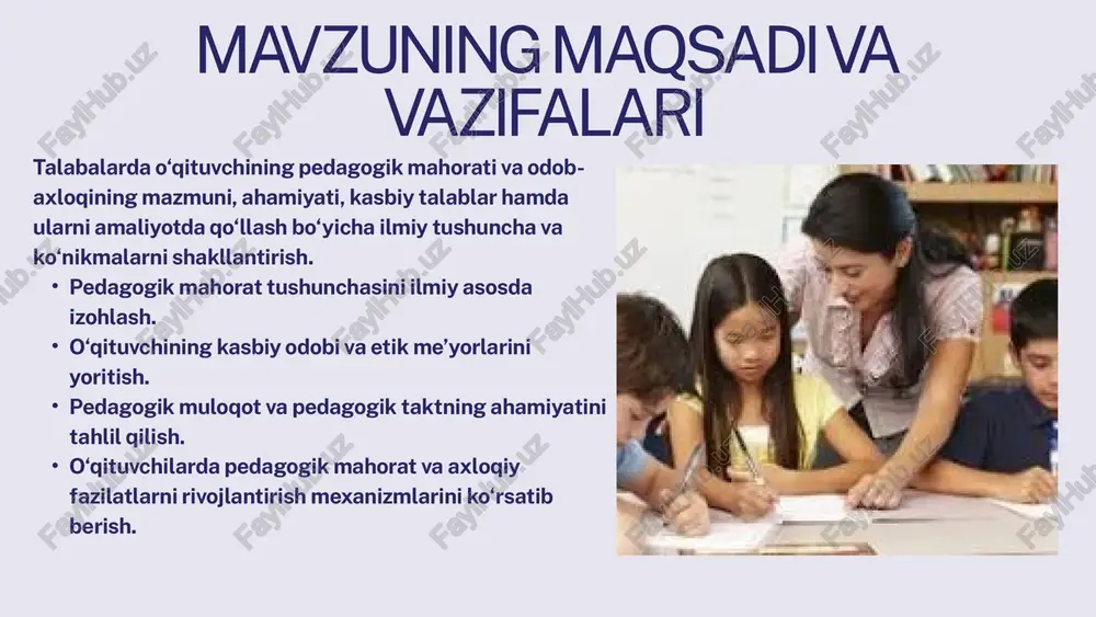 i hayotiy qadriyatlarni ham singdiradi. o‘qituvchining kasbiy etikasi, muloqot madaniyati va pedagogik takti ta’lim jarayonining samaradorligini belgilovchi omillardir. foydalanilgan adabiyotlar abdullaeva, b. (2019). pedagogik mahorat asoslari. toshkent: o‘zbekiston milliy nashriyoti. hasanboeva, o., & yo‘ldosheva, b. (2020). pedagogika nazariyasi va amaliyoti. toshkent: fan va texnologiya. inomova, s. (2018). o‘qituvchi etikasi va pedagogik odob-axloq. toshkent: ilm ziyo. qodirov, m. (2017). pedagogik mahorat va kasbiy kompetensiyalar. toshkent: tdpu nashriyoti. karimov, s. (2021). pedagogik texnologiyalar va o‘qituvchi mahorati. buxoro: buxdu nashriyoti. jalolov, j. (2015). pedagogika: nazariya va metodika. toshkent: o‘qituvchi. e’tiboringiz uchun rahmat image1.png image2.svg image3.png image4.png image5.svg image6.png image7.svg image8.png image9.svg image10.png image11.svg image12.png image13.png image14.svg /docprops/thumbnail.jpeg