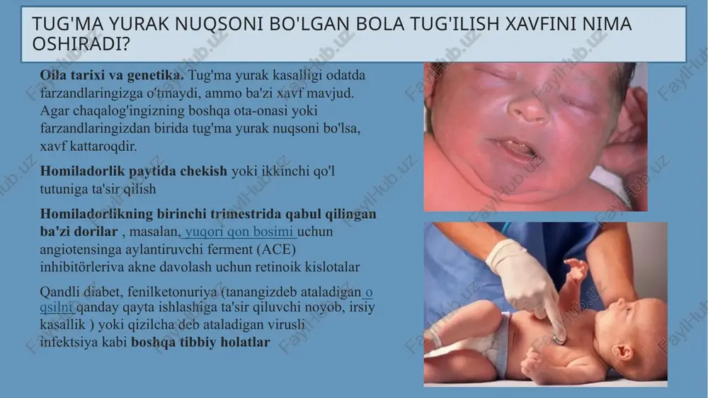 ulyar kanal nuqsoni ikki tomonlama aorta qopqog'i aorta koarktatsiyasi mitral qopqoqning konjenital anomaliyalari ikki chiqishli o'ng qorincha ebshteyn anomaliyasi eyzenmenger sindromi gipoplastik chap yurak sindromi kawasaki kasalligi uzoq qt sindromi qisman anomal o'pka venoz qaytishi patent arterioz kanali (pda) patent foramen ovale o'pka atreziyasi buzilmagan qorincha septumi bilan o'pka atreziyasi qorincha septal nuqsoni bilan o'pka atreziyasi o'pka qopqog'ining stenozi fallot tetralogiyasi umumiy anomal o'pka venoz qaytishi (tapvr) katta arteriyalarning transpozitsiyasi trikuspid atreziyasi truncus arteriosus qon tomir halqalari ventrikulyar septal nuqson (vsd) wolff-parkinson-white (wpw) sindromi yurak yoki qon tomirlaridagi aloqalarning o'zgarishi atriyalseptalnuqson ventrikulyarseptalnuqson patent ductus arteriosus to&amp;apos;liqyokiqismananomalo&amp;apos;pkavenasiulanishi tug’ma yurak qopqog'i muammolari aortastenozi o&amp;apos;pkastenozi ebshteynanomaliyasi tug’ma yurak nuqsonlarining kombinatsiyasi fallottetralogiyasi o&amp;apos;pkaatreziyasi trikuspidatreziyasi katta arteriyalarning transpozitsiyasi gipoplastik chap yurak sindromi atriyal septal nuqson atriyal septal nuqson - yurak devorining chap va o'ng atriumlari orasidagi teshik bo'lib, ular yurakning ikkita yuqori kamerasi hisoblanadi. teshik tananing qolgan qismiga borish o'rniga, chap atriumdan qon oqib, o'ng …