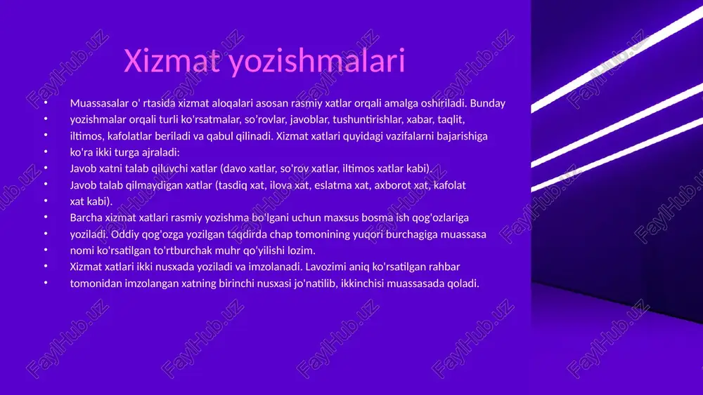 s.com shaxsiy ishonchnoma xati muayyan muassasa yoki ayrim shaxs o'z nomidan ish ko'rish uchun ikkinchi bir shaxsga ishonch bildiradigan yozma vakolatli hujjat ishonchnoma hisoblanadi. muayyan ish-harakatni bajarishga vakolat berish kim tomondan (muassasa tomonidanmi yoki ayrim shaxs tomonidan rasmiylashtirlishiga qarab, ishonchnomalar rasmiy (xizmat) va shaxsiy turlarga bo’linadi. rasmiy (xizmat sohasidagi) ishonchnomalar - davlat muassasalari, kasaba uyushmasi, jamoa xo' jaligi, jamoat tashkilotlari muayyan lavozimli shaxsga uning muayyan tashkilot tomonidan ish yuritishga vakil qilinganini bildirish uchun beriladi. bunday ishonchnomalar muassasa rahbari tomonidan imzolanishi va muhr bilan tasdiqlanishi kerak. rasmiy ishonchnomalarda ularning amal qilish (o'z kuchini saqlash) muddati, albatta, ko'rsatilgan bo'ladi. ular bir necha kundan bir necha yilgacha bo'lgan (lekin uch yildan ortiq bo'lmagan) muddat uchun berilishi mumkin. agar ishonchnomada uning amal qilish muddati aniq ko'rsatilmagan bo'lsa, bunday hollarda u berilgan kundan boshlab bir yil davomida o'z kuchini saqlaydi. berilgan kuni ko'rsatilmagan ishonchnoma haqiqiy emas. this presentation uses a free template provided by fppt.com …