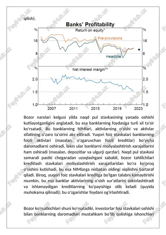 uhokama qilish). bozor narxlari kelgusi yilda naqd pul stavkasining yanada oshishi kutilayotganligini anglatadi, bu esa banklarning foydasiga turli xil ta'sir ko'rsatadi. bu banklarning nimlari, aktivlarning o'sishi va aktivlar sifatining o'zaro ta'sirini aks ettiradi. yuqori foiz stavkalari banklarning foizli aktivlari (masalan, o'zgaruvchan foizli kreditlar) bo'yicha daromadlarni oshiradi, lekin ular banklarni moliyalashtirish xarajatlarini ham oshiradi (masalan, depozitlar va ulgurji qarzlar). naqd pul stavkasi samarali pastki chegaradan uzoqlashgani sababli, bozor tahlilchilari kreditlash stavkalari moliyalashtirish xarajatlaridan ko'ra ko'proq o'sishini kutishadi, bu esa nimlarga nisbatan oldingi siqilishni bartaraf qiladi. biroq, yuqori foiz stavkalari kreditga bo'lgan talabni kamaytirishi mumkin, bu esa banklar aktivlarining o'sish sur'atlarini sekinlashtiradi va ishlamaydigan kreditlarning ko'payishiga olib keladi (quyida muhokama qilinadi); bu o'zgarishlar foydani og'irlashtiradi. bozor ko'rsatkichlari shuni ko'rsatadiki, investorlar foiz stavkalari oshishi bilan banklarning daromadlari mustahkam bo'lib qolishiga ishonchlari komil. bozor tahlilchilari kelgusi yil davomida banklarning o'z kapitalining rentabelligi hozirgi darajada saqlanib qolishini kutishmoqda. aksariyat banklar uchun ulush-narx-kitob nisbati 1 dan …