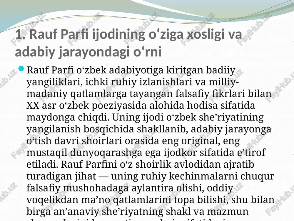 i bo‘lgan mafkuraviy nozik masalalarga ramziy yo‘l bilan murojaat qilishda ham seziladi; u insonning ichki erki, milliy ruhni uyg‘otish, tarixiy xotiraga murojaat qilish orqali adabiyotda yangicha ideallarni ilgari surdi. uning poetik tajribalari, xususan, she’rning sintaktik tuzilishini buzish, satrlar o‘rtasida semantik uzilishlar yaratish, o‘quvchini mushohadaga undaydigan ochiq ma’noli satrlar qoldirish kabi usullar o‘zbek poeziyasida ilgari kam uchragan estetik yondashuv edi. rauf parfi o‘z she’riyatini musiqiylik, ritm, ichki ohangdorlik bilan boyitib, so‘zning ma’nosidan tashqari, uning ovozini ham badiiy vositaga aylantirdi. shu tariqa, shoir poetik nutqning fonetik va ruhiy qatlamlarini chuqurlashtirdi. uning badiiy izlanishlari natijasida o‘zbek she’riyatida yangi poetik maktab shakllandi, shoirning uslubi esa keyingi avlod ijodkorlari uchun ilhom manbai bo‘lib xizmat qildi. rauf parfi poeziyasidagi novatorlik tamoyillari o‘zbek adabiyotining modernlashuvi, erkin fikrning shakllanishi va badiiy tafakkurning chuqurlashuviga bevosita turtki bo‘ldi va uning she’riyati bugungi kunda ham zamonaviylik ruhi bilan uyg‘un holda o‘qilmoqda. shoirning uslubiy izlanishlari va zamonaviy o‘zbek she’riyati taraqqiyotiga ta’siri rauf …