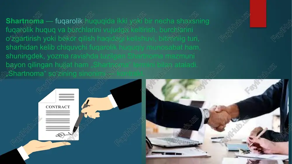 larini o‘z ichiga oladi: shartnoma bo‘yicha birinchi tomonning majburiyatlari va xuquqlari. shartnoma bo‘yicha ikkinchi tomonning majburiyatlari va xuquqlari. ikkala tomonning o‘z majburiyatlarini bajarish shartlari va muddatlari. xar bir tomonning o‘z majburiyatlarini bajarish joyi. xar bir tomonning o‘z majburiyatlarini bajarish usullari. ushbu shartlarning aniq mazmuni shartnoma turi, tomonlarning o‘zaro kelishuvlari va shartnoma tuzilgan muayyan vaziyat bilan belgilanadi. shartnomaning qo‘shimcha shartlari: shartnomaning amal qilish muddati. tomonlarning javobgarligi: mazkur bo‘lim tomonlarning javobgarligi va ularning shartnoma shartlarini buzganliklari uchun tegishli tarzda jazolashni belgilaydi. odatda shartnomani tuzishda xar bir tomonning shartnoma shartlarini buzish uchun tegishli javobgarligini ko‘zda tutish tavsiya etiladi. majburiyatlarni ta’minlash usullari: qonunchilikka muvofiq majburiyatlarni ta’minlashning to‘rtta asosiy usullari mavjud burdsizlik to‘lovi, garov, kafolatnoma va bo‘nak. bir tomonlama tartibda shartnomani muddatidan oldin bekor qilish asoslari va shartnomani bir tomonlama bekor qilishda tomonlarning xarakatlari tartibi. shartnoma bo‘yicha ma’lumotning maxfiyligi: tomonlar shartnomaning qanday shartlari maxfiy hisoblanishi va tomonlar oshkor qilmasliklarini kelishib oladilar. tomonlarning nizolarni hal qilishi …