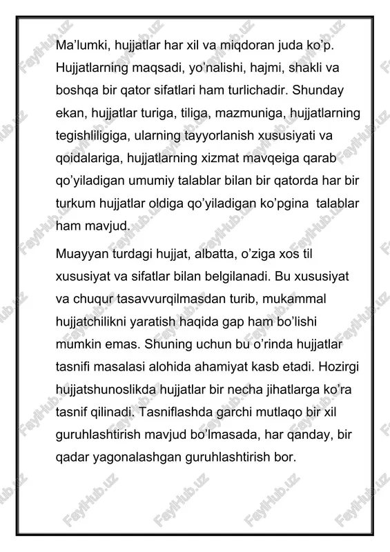 telefon raqami, faks raqami, elektron pochta manzili, rasmiy vebsayti, bankdagi hisobraqami. · 8. matn sarlavhasi. · 9. sana. · 10. shartli raqam. · 11. keladigan hujjatlarning sanasi va shartli raqamiga havola. · 12. tuzilgan yoki nashr qilingan joyi. · 13. hujjatni oluvchi (adresat). · 14. tasdiqlash ustxati. · 15. munosabat belgisi (rezolyutsiya). · 16. hujjat turining nomi. · 17. nazorat haqida qayd. · 18. matn · 19. ilova mavjudligi haqidagi qayd. · 20. imzo yoki elektron raqamli imzo. · 21. kelishuv ustxati. · 22. rozilik belgisi (viza). · 23. muhr. · 24. nusxaning tasdiqlanishi haqidagi qayd. · 25. ijrochining familiyasi va telefon raqami. · 26. hujjatning bajarilganligi va uni hujjatlar yig'majildiga · yo'naltirilganligi haqidagi qayd. · 27. kompyuterga ko'chirilganligi haqidagi qayd. · 28. hujjat kelib tushganligi haqida qayd. mazkur 28 ta zaruriy qismning o'ntasi nisbatan ko'p qo'llanadi, shuning uchun asosiy zaruriy qismlar deb ham yuritiladi: hujjat muallifi (muassasa nomi yoki …