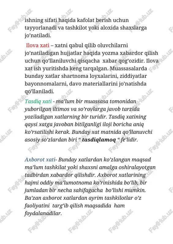 nasida korxonaga jo’natilayotgan jihozlarning ro’yxatini ma’lum qilamiz: “ printer”- 10 ta chop etish bo’limiga “kampyuter”-32 ta hodimlar bo’limi uchun “ manitor”- 5 ta ta hisob bo’limi hodimlariga eslatib o’tamizki bir turdagi texnik buyumlar ko’p miqdorda xarid qilganingiz tufayli har bir texnika uchun 15% li chegirmaga ega bo’ldingiz 01.04,2023 (imzo) jo’rayev.s.q mavzu yuzasidan test 1) xat oddiy qog’ozga yozilganda qanday muxr qo’yiladi a)o’zr gerb b) dumoloq muassasa muxri c)to’rtburchak d) muxr qo’yilmaydi 2) qaysi xat turi o’z ma’nosi bilan birga xabar berish, so’rash , iltimos kabi ma’nolarda ham yoziladi. a) eslatma b)ilova c) kafolat d) axborat 3) qaysi xat ham javob talab qiluvchi ham javob xati talab qilinmaydigan xatlar turiga kiradi. 4) a) eslatma b) davo xati c) iltimos xati d) farmoyish xati. reklamatsiyaga qaysi xatni misol keltirish mumkin a) eslatma b) davo xato c) e’lon d) ilova xati 5) bir tarmoqqa tegishli qiyin masalalarga yo’naltirilgan hujjat a) kafolat xati b) …