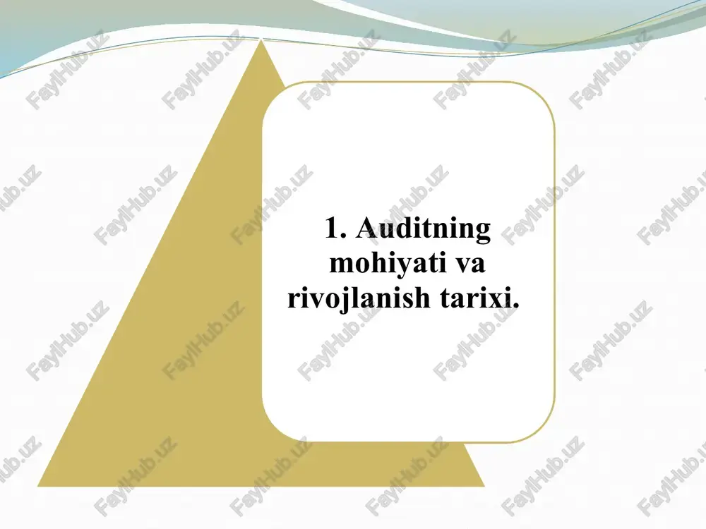 ‘risidagi hisoboti (shu jumladan ichki nazorat tizimining samaradorligi, korxona faoliyati va ustavga rioya qilinishi hisoboti) shuningdek, tevarak-atrof muhofazasiga qaratilgan chora-tadbirlar hisoboti 2. buxgalteriya hisobi va audit o’rtasidagi farq kompaniyalarda yillik buxgalteriya hisobi jarayoni tugashi bilan, auditorlik tekshiruvi ishlari boshlanib hisob-kitoblarining haqiqiyligi va ularning amaldagi qonunchilikka muvofiq yuritilganligi sifatini aniqlash maqsadida o‘tkaziladi. buxgalteriya hisobi - xo`jalik operatsiyalarini buxgalteriya hujjatlarida aks ettirish, hisobotni saqlash, moliyaviy hisobotni tayyorlash va taqdim etishga ma’suldir. buxgalterlik firmalari korxona tomonidan ularning pul muomalalarini yuritilishini olib boradi. bu biznesni tushunadigan tildir, chunki u tadbirkorlik sub’ektining moliyaviy hisobotini taqdim etish vositasidir. audit - bu moliyaviy hisobotni tekshirish va baholash faoliyati. korxonaning buxgalteriya xodimlari tomonidan tayyorlangan moliyaviy hisob-kitoboperatsiyalarining haqiqiyligini tekshirish va tasdiqlashga qaratilgan. shunday qilib, u buxgalteriya hisobi ma’lumotlarining haqiqiyligi va ishonchliligini belgilaydi. taqqoslash uchun asos buxgalteriya hisobi audit ma’nosi buxgalteriya hisobi - moliyaviy hisobotlarni tayyorlash va moliyaviy hisobotlarni tayyorlashni muntazam ravishda hisobga olishni anglatadi audit - tashkilotning hisob kitoblarini …