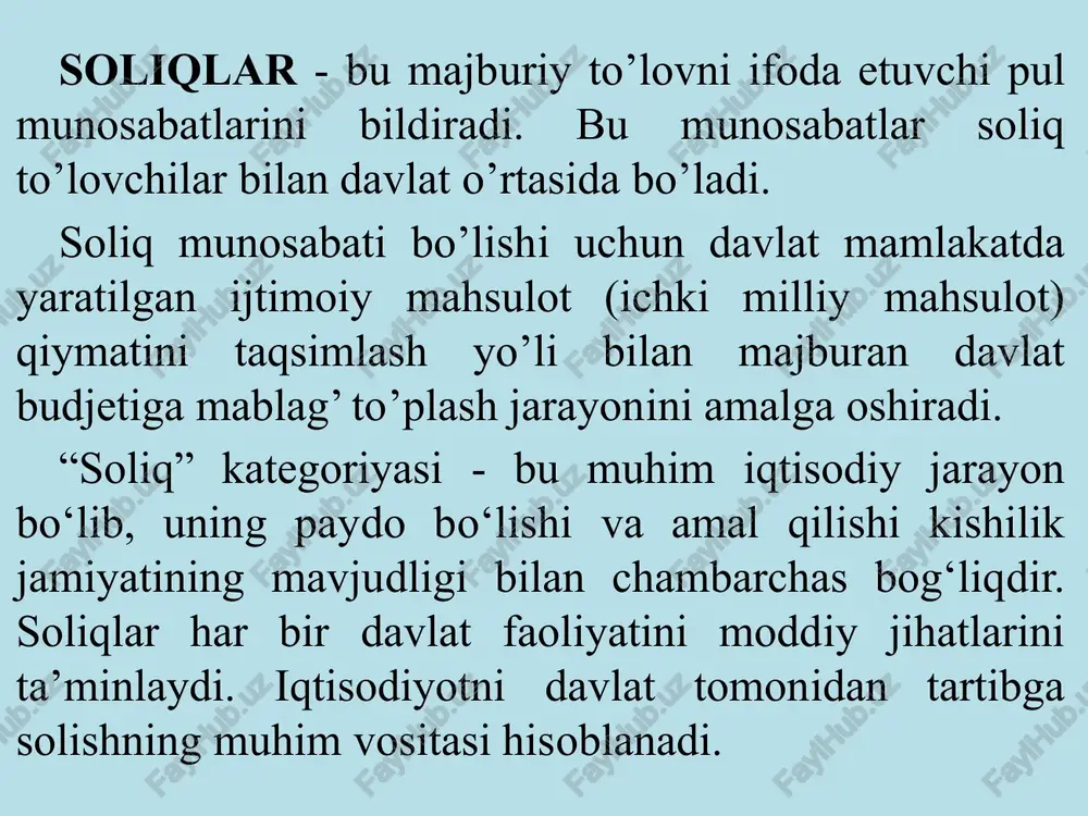 o‘rtasidagi munosabatlardir. soliqlar va soliqqa tortish fanining predmeti soliq munosabatlarini (harakatini) o‘rganishdir. fanning mohiyati shu o‘rtadagi moliyaviy munosabatni ya’ni soliq to‘lovchi bilan davlat o‘rtasidagi munosabatni chuqur o‘rganish, soliq munosabatlarida qatnashuvchi tomonlarning iqtisodiy manfaatini e’tiborga olish, muvozanatni saqlash kabi munosabatlarni tashkil qilish tushuniladi. bu muvozanatni saqlashda, tomonlar adolatlilik tamoyiliga amal qilish zarur. fanning predmetini chuqur o‘rganish shuni ko‘rsatadiki, munosabatlarda bir tomonlama zo‘ravonlik munosabati bo‘lguday bo‘lsa, ikkinchi tomon unga javoban o‘z daromadlari, boshqa soliq ob’ektlarini har xil yo‘llar bilan yashiradi. bunday hollarda, har qanday huquqiy hujjatlarning ham kuchi etmay qolishi mumkin. daromadlarni soliq sub’ektlarini yashirish holati ham munosabatlarni buzadi. demak, soliq nazariyasi fanini chuqur o‘rganish orqali amaliyotda soliq tushumlari rejalarini muvaffaqiyatli bajarish vazifasiga ham erishish mumkin. fanning vazifasi soliq mutaxassisi va boshqa soliq idoralari xodimlarini nazariy jihatdan qurollantirish hamda amaliyotda adashmaslik uchun yo‘l - yo‘riqlar ko‘rsatishdan iboratdir. shuningdek, chet el soliq amaliyotini o‘rganish va taqqoslash asosida tegishli xulosalar ishlab chiqish, ularning ish …