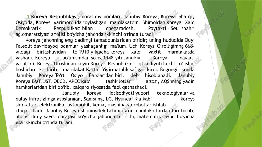 ol boʻla oladi. koreyaning oʻsha davrdagi iqtisodiy ishlash tizimini quyidagicha izohlash mumkin. 1961-yildan boshlanib 1979-yilga qadar davom etgan qoʻmondon pak jong hi davlat rahbarligi davrida dunyodagi mavjud siyosiy ziddiyat sababli janubiy koreyaga gʻarb davlatlari va yaponiya sarmoya qila boshladi. davlat koreys tilida „cheboʻl“ deb ataluvchi katta korxonalarni rivojlantirish maqsadida chet eldan kelgan sarmoyani ular uchun quyi foizlarda foydalanishiga ruxsat berildi. bunga asos katta korxonalarning rivojlanishi, keyinchalik kichik va oʻrta biznesning rivojlanishiga sabab boʻlishiga ishonch edi. qoʻmondon parkning eksportga yoʻnaltirilgan iqtisodiy rivojlanish siyosati 5 yillik rejalar asosida muvoffaqiyatli amalga oshirildi. iqtisodiyot asosiy qismini qishloq xoʻjaligi tashkil qilgan yillar ham boʻlgan. endilikda esa janubiy koreya qayta ishlash sohasi bilan gʻururlansa boʻladi, chunki 1997-yilning oʻzida ymm ning 25,7%ini ishlab chiqarish tashkil etti. 1997-yilgi ymm 5%ga, 1996-yil 6,8%ga, 1995-yil esa 8,9%ga oʻsish kuzatilgan edi. 1998-yil ymm oʻsishi 6,7% manfiy koʻrsatkichni tashkil etti. buning asosiy sababi 1997-yilda janubiy-sharqiy osiyo davlatlaridagi iqtisodiy boʻhron oqibatidadir. xorijiy sarmoyadorlarning …
