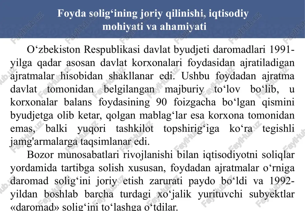 aloqa xizmati uchun aktsiz solig'i 1 003,3 0,4 2.3. bojxona boji 6 752,0 2,9 3. resurs soliqlari va mol-mulk solig'i 26 473,2 11,4 3.1. mol-mulk solig'i 4 332,6 1,9 3.2. er solig'i 5 805,5 2,5 3.3. er qa'ridan foydalanganlik uchun soliq 15 535,6 6,7 shu jumladan: noruda qurilish materiallari bo'yicha 755,5 0,3 3.4. suv resurslaridan foydalanganlik uchun soliq 799,5 0,3 4. dividendlar 29 532,2 12,7 shu jumladan: «navoiy kon-metallurgiya kombinati» aktsiyadorlik jamiyati 16 050,4 6,9 «olmaliq kon-metallurgiya kombinati» aktsiyadorlik jamiyati 9 481,7 4,1 5. boshqa daromadlar va soliq bo'lmagan boshqa tushumlar 14 234,6 6,1 2023 yil uchun o'zbekiston respublikasi davlat byudjeti daromadlari prognozi mlrd. so'm t/r ko‘rsatkichlar summa foizda jami daromadlar 270 703,1 100 1. bevosita soliqlar 85 610,9 31,6 1.1 foyda solig‘i 44 282,7 16,4 shu jumladan: «navoiy kon-metallurgiya kombinati» aksiyadorlik jamiyati 13 803,4 5,1 «olmaliq kon-metallurgiya kombinati» aksiyadorlik jamiyati 4 473,0 1,7 1.2 aylanmadan olinadigan soliq 2 851,1 …
