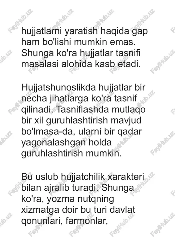 bajarish bilan bog'liq masalalarga tegishli bo'ladi. 4. tashkiliy hujjatlar. mazmuni tashkilot, muassasa va korxonalarning huquqiy maqomi, tarkibiy tarmoqlari va xodimlari boshqaruv jarayonining borishida jamoa ishtirokining qayd qilinishi, boshqa tashkilotlar bilan aloqalarning huquqiy tomonlari kabi masalalarni aks ettiradi. bulardan tashqari, farmoyish hujjatlari (buyruq, ko'rsatma, farmoyish), ma'lumot- axborot hujjatlari (dalolatnoma, ma’lumotnoma, ariza, tushuntirish xati, hisobot, ishonchnoma, tavsifnoma), xizmat yozishmalari kabi hujjatlar mavjud. hujjat matni aniqlik, ixchamlik, lo'ndalik, mazmuniy to'liqlik kabi talablarga javob berish kerak. ushbu talablarga javob bera olmaydigan hujjat chinakam hujjat bo'la olmaydi, bu kabi hujjatlar ish yuritish jarayoniga halaqit beradi, ishning samaradorligini pasaytiradi. hujjatlar matnining xolislik, aniqlik, ixchamlik, lo'ndalik, mazmuniy to'liqlikdan iborat zaruriy sifatlari hujjatchilik tilining o'ziga xos so'z qo'llash, morfologik va sintaktik xususiyatlar orqali ta’min etadi. hujjatlar tilida ot turkumiga oid so'zlar ko'p qo'llaniladi. hatto fe’l bilan ifodalanuvchi harakat va holatlar ifodasi uchun ham otga yaqin so'z shakllari tanlanadi, ya’ni harakat nomi deb ataluvchi so'z shakllari faol ishlatiladi. hujjatlar …