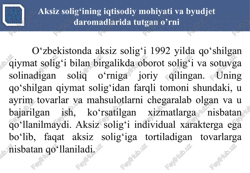 allurgiya kombinati» aksiyadorlik jamiyati 4 473,0 1,7 1.2 aylanmadan olinadigan soliq 2 851,1 1,1 1.3 jismoniy shaxslardan olinadigan daromad solig‘i 38 477,0 14,2 2. bilvosita soliqlar 111 654,5 41,2 2.1 qo‘shilgan qiymat solig‘i 74 045,7 27,4 2.2 aksiz solig‘i 22 769,2 8,4 2.3 bojxona boji 14 839,6 5,4 3. resurs soliqlari va mol-mulk solig‘i 31 831,3 11,8 3.1 mol-mulk solig‘i 6 715,0 2,5 3.2 yer solig‘i 7 171,1 2,6 3.3 yer qa’ridan foydalanganlik uchun soliq 16 684,2 6,2 3.4 suv resurslaridan foydalanganlik uchun soliq 1 261,1 0,5 4. dividendlar 23 755,0 8,8 shu jumladan: «navoiy kon-metallurgiya kombinati» aksiyadorlik jamiyati 11 797,5 4,4 «olmaliq kon-metallurgiya kombinati» aksiyadorlik jamiyati 6 787,6 2,5 5. boshqa daromadlar va soliq bo‘lmagan boshqa tushumlar 17 851,4 6,6 2024 yil uchun o‘zbekiston respublikasi davlat byudjeti daromadlari prognozi mlrd.so’m aksiz solig‘ining iqtisodiy mohiyati va byudjet daromadlarida tutgan o’rni aksiz solig‘ini davlat byudjeti daromadlari tarkibidagi ulushi­ning pasayish tendensiyaga ega …