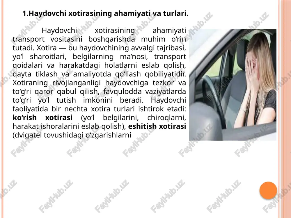 dalarini avtomatik tarzda eslab qolish qobiliyati oshadi, bu esa xavfsiz va samarali haydovchilikni ta’minlaydi. shu tariqa, muntazam mashq va haydovchilik tajribasi birlashib, xotirani mustahkamlash va haydovchilik ko‘nikmalarini takomillashtirishning asosiy vositasi hisoblanadi. xulosa haydovchi xotirasini rivojlantirish usullari haydovchilik faoliyatining xavfsizligi va samaradorligi uchun muhim ahamiyatga ega. xotira haydovchiga yo‘l belgilarini, qoidalarni, transport holatlarini va murakkab manevrlarni eslab qolish imkonini beradi, bu esa tezkor va to‘g‘ri qaror qabul qilishni ta’minlaydi. xotirani rivojlantirishda psixologik mashqlar, amaliy treninglar, simulyator mashqlari va real haydovchilik tajribasi birgalikda qo‘llanilishi kerak. muntazam mashq va turli haydovchilik vaziyatlarida tajriba orttirish xotirani mustahkamlash, diqqat va e’tiborni oshirishga yordam beradi. shu bilan birga, xotira rivoji haydovchining ongli va xavfsiz harakat qilish qobiliyatini oshirib, yo‘l harakati hodisalarining oldini olishga xizmat qiladi. natijada, xotirani rivojlantirish usullarini doimiy qo‘llash har bir haydovchi uchun muhim va zaruriy amaliyotdir. image2.jpeg image3.jpeg image4.jpeg image5.jpeg image6.jpeg /docprops/thumbnail.jpeg