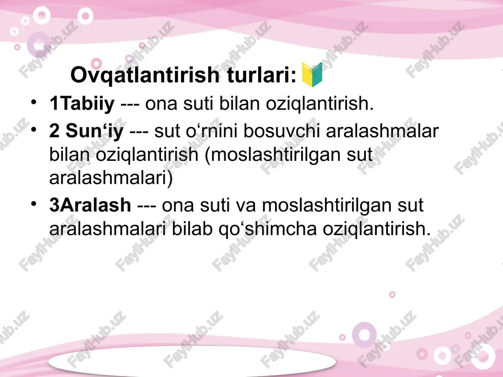 qisqarishini chaqiradi) kortizol, insulin, tiroksin bez faoliyati uchun energiya va oqsil sintezini ta’minlaydi 3-bosqich — laktogenez iii (sut ishlab chiqarishning barqarorlashuvi) 📍 tug‘ruqdan keyingi 10–14-kunlardan boshlab. xususiyatlari: sut ishlab chiqarish talabga binoan reflektor tarzda davom etadi. bola ko‘krakni tez-tez so‘rsa — sut ko‘proq ajraladi. emizish oralig‘i uzaysa — sut ishlab chiqarish kamayadi. reflektor mexanizm: bola so‘rishi → so‘rg‘ich retseptorlari qo‘zg‘aladi nerv impulslari gipotalamusga o‘tadi gipofizdan prolaktin va oksitotsin ajraladi prolaktin — sutni hosil qiladi oksitotsin — sutni chiqaradi sut turi davomiyligi xususiyatlari boshlang‘ich sut (kolostrum) 1–3 kun sariq, quyuq, oqsilga va immunoglobulinlarga boy, bola ichagini tozalaydi oraliq sut 4–14 kun oziq moddalarning muvozanati shakllanadi yetilgan sut 15-kundan boshlab bola ehtiyojiga to‘liq mos, oqsillar, yog‘lar va uglevodlar nisbati muvozanatli tarkibiy qism miqdori biologik ahamiyati suv 87–88% termoregulyatsiyani ta’minlaydi oqsillar (kazein, albumin, globulin) 1,2–1,5% o‘sish, immun himoya yog‘lar (linoleat, linolenat kislotalar) 3,5–4% energiya, a,d,e vitaminlari tashuvchisi uglevodlar (laktoza) 7% miya faoliyatini energiya …