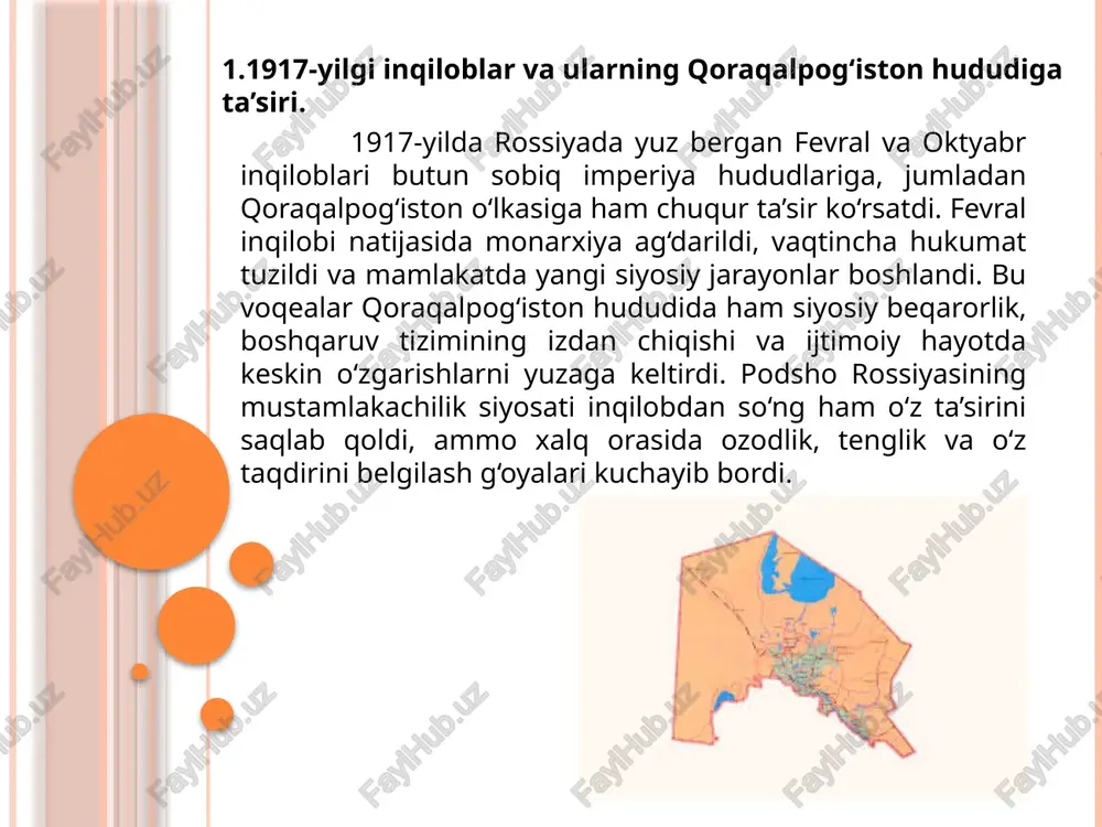 xonligi, boshqa qismi esa turkiston respublikasining ta’siri ostida edi. sovet hokimiyatining mustahkamlanishi jarayonida bu hududda mahalliy sovetlar tashkil etila boshlandi. ular xalqni yangi tartib-qoidalarga moslashtirish, iqtisodiyotni tiklash va ijtimoiy muammolarni hal qilish bilan shug‘ullandilar. biroq urush sharoitida bu sa’y-harakatlar samara bermadi. shunga qaramay, 1921-yilga kelib sovet hokimiyati asta-sekin qoraqalpog‘istonning ko‘p hududlarida o‘z nazoratini o‘rnatdi. bu davr xalqning siyosiy faolligini oshirdi, yangi ijtimoiy tuzumni qabul qilishga tayyorlagan tarixiy bosqich sifatida ahamiyat kasb etdi. 3.qoraqalpog‘istonning ma’muriy-hududiy maqomi shakllanishi (1921–1924). 1921–1924-yillar qoraqalpog‘iston tarixida siyosiy va ma’muriy shakllanish jarayonining muhim davri bo‘ldi. bu yillarda sovet hokimiyati markaziy osiyo mintaqasida yangi boshqaruv tizimini barpo etish, milliy masalalarni hal qilish va mustahkam siyosiy tuzum yaratish yo‘lida keng ko‘lamli islohotlarni amalga oshirdi. qoraqalpog‘iston hududi bu davrda xorazm xalq sovet respublikasi tarkibiga kirgan bo‘lib, uning tarkibida qoraqalpoq aholisi istiqomat qiladigan joylar alohida hudud sifatida ajrala boshladi. sovet hukumati tomonidan millatlar siyosatini amalga oshirishda har bir xalqning o‘z milliy …