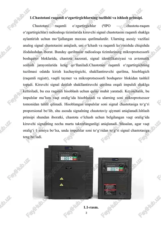 ymati raqamli tarzda aniqlanadi.ishlash prinsipi vaqtli impuls generatori yordamida amalga oshiriladi. masalan, taymer 1 millisekund oralig‘ida necha impuls o‘tganini aniqlaydi. har bir impuls chastotaning bir davriga mos kelgani uchun, chiqishdagi natija chastotaning raqamli ifodasini beradi. mikroprotsessor bu qiymatni qayta ishlaydi, zarur hollarda uni chastota ko‘rsatkichiga, signal amplitudasiga yoki boshqa parametrga o‘zgartiradi. 1.2-rasm chastotani raqamli o‘zgartirgichlar ko‘pincha yuqori tezlikda ishlovchi mikrosxemalar asosida yaratiladi. ular raqamli signal protsessorlari (dsp) yoki mikroprotsessorli tizimlar bilan birgalikda ishlaydi. bunday integratsiya natijasida o‘lchash aniqligi oshadi, ishlov berish vaqti qisqaradi hamda radioaloqa tizimlarida avtomatlashtirish darajasi ortadi.chastotani raqamli o‘zgartirgichlar chastota stabilizatorlari, radiouzatkichlar sinxronizatsiya tizimlari, faza avtomatik sozlash (fapch) qurilmalari hamda chastotaviy tahlil apparatlarida keng qo‘llaniladi. ularning barqaror ishlashi butun radioaloqa tizimining ishonchliligini ta’minlaydi. shu sababli, ularning konstruktsiyasi, o‘lchash aniqligi va raqamli interfeyslar bilan mosligi radioaloqaning mikroprotsessor qurilmalarini loyihalashda alohida e’tibor bilan ko‘rib chiqiladi. 2. raqamli chastota o‘zgartirish algoritmlari va ularning amaliy qo‘llanilishi. raqamli chastota o‘zgartirish algoritmlari radioaloqa tizimlarida …