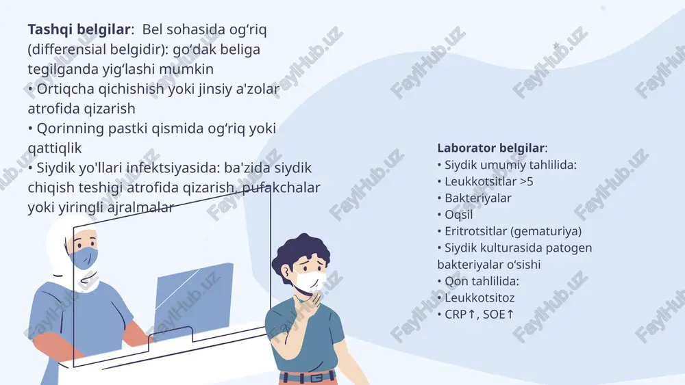 kni tekshirib, 2,4% bolada schyi tashxisini (1,9% da - simptomli va 0,5% da - simptomsiz) kuydilar, ko`prok ugil bolalarda aniqlangan. ularni ma’lumotlariga asosan 1 oylikdan keyin ugil bolalarda schyi holatlari kamayib boradi, va 1-2% erta yoshlikda, 0,5% - maktabgacha yoshda, 0,1% - prepubertat yoshda uchraydi. 1 yoshdan boshlab schyi kizlarda ugil bolalarga nisbatan ko`p uchraydi. 2 yoshda - taxminan 9-10 marotaba ko`p uchraydi. shuningdek shu mualliflar ma’lumotiga ko`ra qizlarda hayotining 1 yilida - 2,7 %; maktabgacha yoshdagilarda – 4,7 %; maktab yoshida – 1.2-1,9 % uchraydi. ta’kidlashlaricha, chakaloklarda va erta yoshdagi bolalarda schyining ko`zgatuvchisi asosan e.coli, maktab yoshidagi kizlarni 30% da esa siydigidan turli hil stafilokokklar,o`gil bolalarda esa proteylar unib chikadi. sistit (chekmazak) siydik pufagiga infeksiya haqiqiy yo`llar orkali kiradi: 1. pastga tushuvchi yo`l (buyraklardan); 2. ko`tariluvchi yo`l (siydik chiqaruv kanalidan); 3. gematogen; 4. qontakt (juda kam xollarda). etiologiyasi. kiz bolalar siydik yo`llarini anatomik tuzilishining xususiyatlariga ko`ra (keng, kalta siydik …