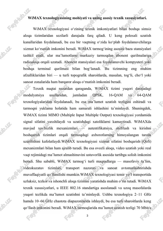 tishda muhim o‘rin tutadi. wimax texnik xususiyatlari, u ieee 802.16 standartiga asoslanadi va uzoq masofalarda yuqori tezlikda ma’lumot uzatishni ta’minlaydi. ushbu texnologiya 2–11 ghz hamda 10–66 ghz chastota diapazonlarida ishlaydi, bu esa turli sharoitlarda keng qo‘llash imkonini beradi. wimax tarmoqlarida ma’lumot uzatish tezligi 70 mbit/s gacha yetishi mumkin, real sharoitlarda esa 20–40 mbit/s atrofida barqaror tezlikni taqdim etadi. uning eng muhim texnik afzalliklaridan biri — katta qamrov radiusidir: baza stansiyasi ochiq hududlarda 30–50 km gacha xizmat ko‘rsatishi, shaharlarda esa 5–10 km radiusda yuqori sifatli aloqa yaratishi mumkin. wimax texnologiyasining temir yo‘l transportida amaliy joriy etilishi bugungi kunda harakatdagi aloqa tizimlarini modernizatsiya qilish va raqamli boshqaruv tizimlarini rivojlantirishning eng istiqbolli yo‘nalishlaridan biridir. temir yo‘l tizimida wimax texnologiyasining asosiy vazifasi — poyezdlar harakati, texnik xizmat, xavfsizlik nazorati va yo‘lovchilarga xizmat ko‘rsatish jarayonlarida uzluksiz, yuqori sifatli aloqa tarmog‘ini ta’minlashdir. mazkur texnologiya orqali dispetcherlik markazi, stansiyalar va harakatdagi poyezdlar o‘rtasida real vaqt rejimida ma’lumot …