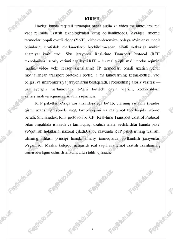 di, kechikish, yo‘qotish va tarmoqdagi holat haqida qayta aloqa ma’lumotlarini yuboradi. shu yo‘l bilan tizim foydalanuvchiga eng yaxshi sifatdagi real vaqtli uzatishni ta’minlaydi. rtp protokoli turli tarmoq texnologiyalarida, xususan voip (voice over ip), iptv, video streaming platformalari va onlayn o‘yinlarda keng qo‘llanilmoqda.zoom, skype, google meet va microsoft teams kabi dasturlar aynan rtp va rtcp protokollariga asoslanib ishlaydi. bu esa ushbu protokolning samaradorligi va universalligini ko‘rsatadi.rtp protokoli real vaqtli uzatish tizimlarining ajralmas qismi bo‘lib, u ma’lumotlarni tezkor, sifatli va sinxron tarzda yetkazishga xizmat qiladi. shu sababli u hozirgi zamonaviy multimedia texnologiyalarining asosi hisoblanadi. 1-rasm. 1.2. rtp paketining asosiy tuzilma elementlari va ularning vazifalari. rtp protokoli orqali uzatiladigan har bir ma’lumot birligi rtp paketi deb ataladi. bu paketlar ma’lumot oqimini real vaqt rejimida yetkazish uchun mo‘ljallangan bo‘lib, ularning ichki tuzilmasi qat’iy belgilangan standart asosida shakllantiriladi. rtp paketining tuzilmasi odatda ikki asosiy qismdan iborat: sarlavha (header) va foydali yuk (payload). ba’zi hollarda, kengaytirilgan …