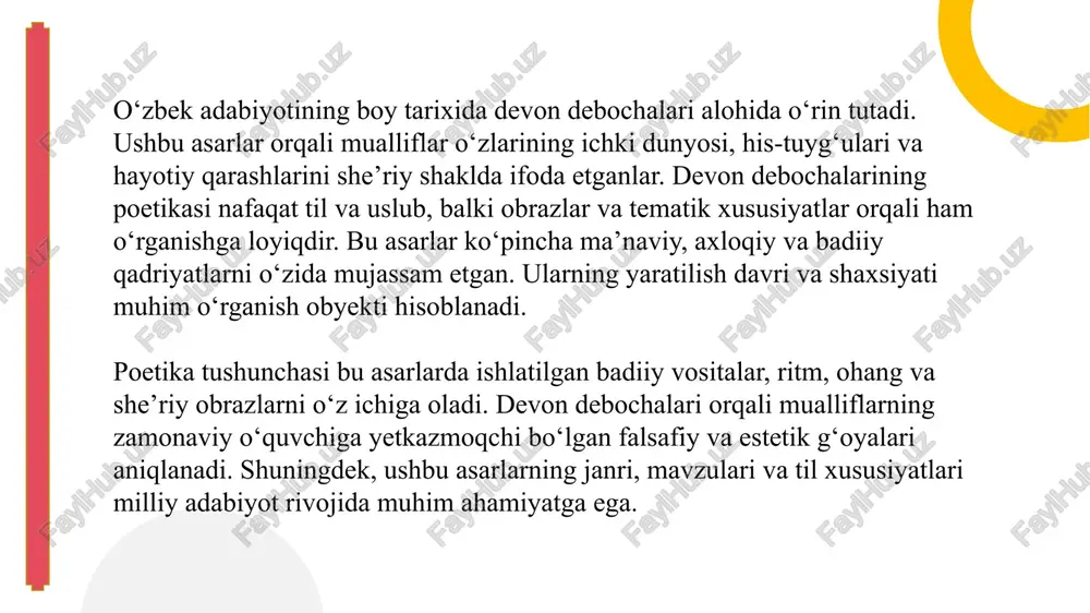 ra, metafora, personifikatsiya – orqali fikrlarni yanada boyitadi. shuningdek, she’riy obrazlar yordamida shoir hissiy dunyosini va falsafiy qarashlarini o‘quvchiga yetkazadi. tasviriy vositalar asarga ritm, ohang va musiqiylik beradi. devon debochalaridagi obrazlar ko‘pincha simbolik ma’noga ega bo‘lib, har bir tasvir shoirning maqsad va ideyalarini ifodalaydi. shu bilan birga, bu obrazlar o‘quvchida estetik hissiyot uyg‘otadi va she’riyatning badiiy qadriyatini oshiradi. devon debochalari turli tematik yo‘nalishlarga ega: sevgi va ishq, ma’naviyat va axloq, hayotiy falsafa va insoniy qadriyatlar. har bir tema shoirning o‘z davri, ijtimoiy muhit va shaxsiy tajribasi bilan bog‘liq. ideyaviy jihatdan devon debochalari odatda axloqiy va falsafiy maqsadlarni ko‘zlaydi, o‘quvchiga hayotiy saboq beradi. shoirlar mavzuni ochishda obrazlar, badiiy vositalar va ritm orqali kuchli ta’sir uyg‘otadi. shuningdek, tematik va ideyaviy tahlil asarga chuqur tushuncha beradi va uning milliy adabiyotdagi o‘rnini aniqlashga yordam beradi. devon debochalari o‘quvchiga nafaqat estetik zavq, balki ma’naviy va intellektual boylik ham beradi. devon debochalarining adabiy va madaniy merosi …