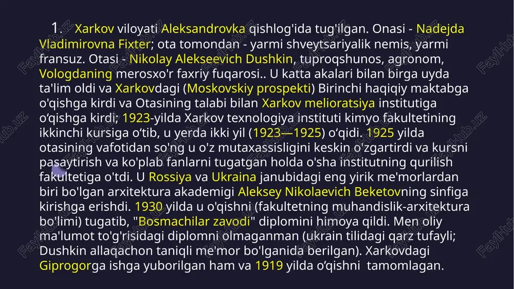ko'rgazmasida gran-priga sazovor bo'ldi. 2009 yilda moskvaliklar o'rtasida o'tkazilgan so'rov davomida ushbu stansiya eng go'zal stantsiyalar reytingida birinchi o'rinni egalladi - respondentlarning 25% tomonidan eng yaxshi deb topildi (e'tiborga loyiqki, novoslobodskaya ikkinchi o'rinni egalladi - 10% ovoz va uchinchi o'rin. ploshchad revolyutsiy tomonidan qabul qilindi - 9% ovoz ).qizil darvoza maydonida ko'p qavatli bino qurilishi paytida aleksey dushkin qiyin muhandislik muammosiga duch keldi. dushkin tomonidan yaratilgan metro stansiyalari va yirik ma'muriy binolarning er osti arxitekturasi avangard tuzilmalari, xususan, mayakovskayadagi temir tayanchlarning xalqaro san'at bilan uyg'un kombinatsiyasi tufayli yaqinlashib kelayotgan "stalinistik neoklassitsizm" ning yorqin namunalariga tegishli. deko uslubi. biroq, jahon mutaxassislarining tan olinishi va uchta stalin mukofoti me'morni ta'qiblardan qutqara olmadi. 1955 yilda dushkin xrushchevning "me'moriy haddan tashqari" ga qarshi kurashga qaratilgan farmonidan aziyat chekdi. 7 xulosa aleksey nikolaevich dushkin— dushkinning metropoliten bekatlari o‘sha davrning "er osti saroylari" sifatida tanilgan bo‘lib, ular nafaqat transport tizimining bir qismi, balki san'at asarlari sifatida …